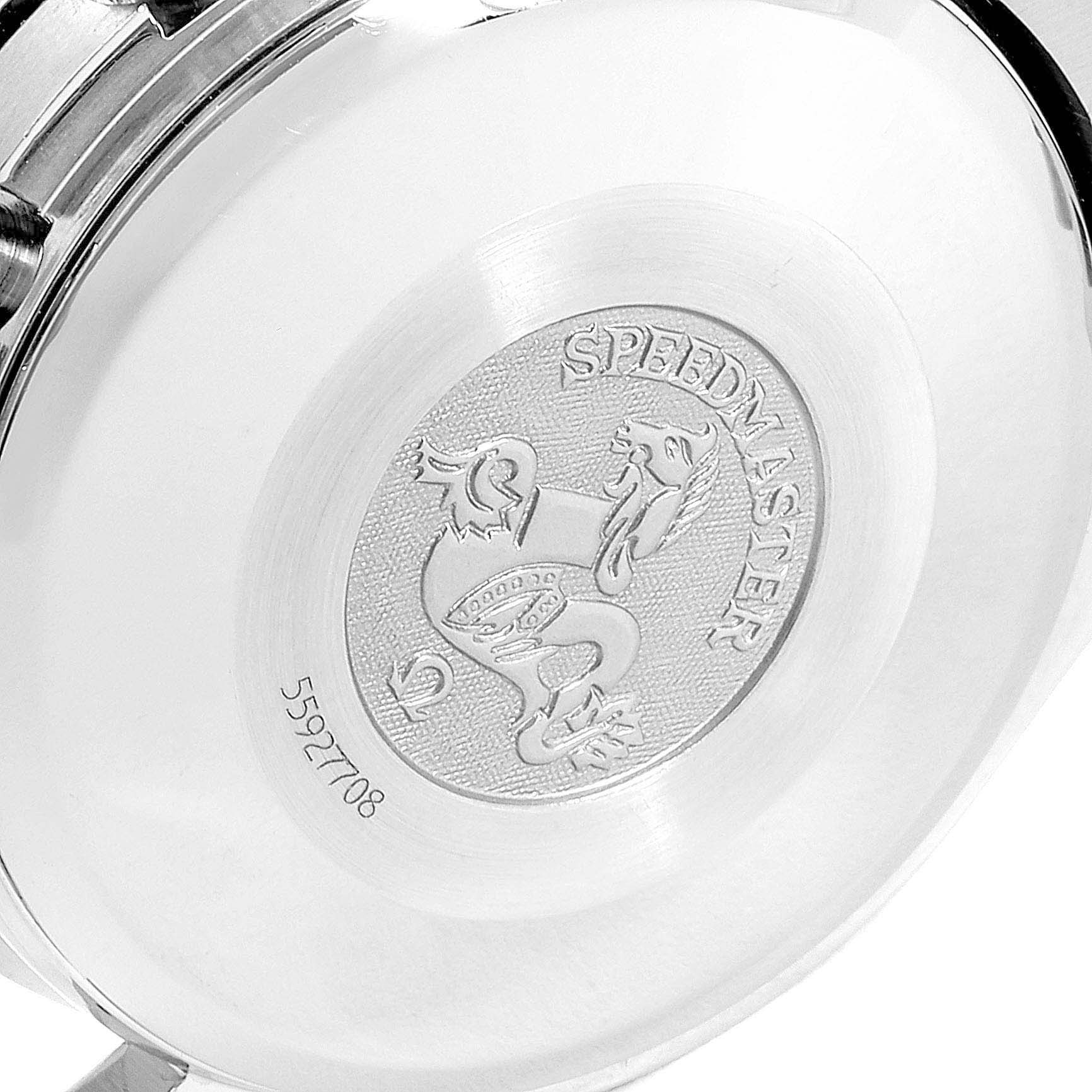 This image shows the back case of an Omega Speedmaster 3520.53.00 Men
s Stainless Steel Grey Dial 3520.53.00 Men
s Stainless Steel Grey Dial watch, highlighting its engraving and serial number.