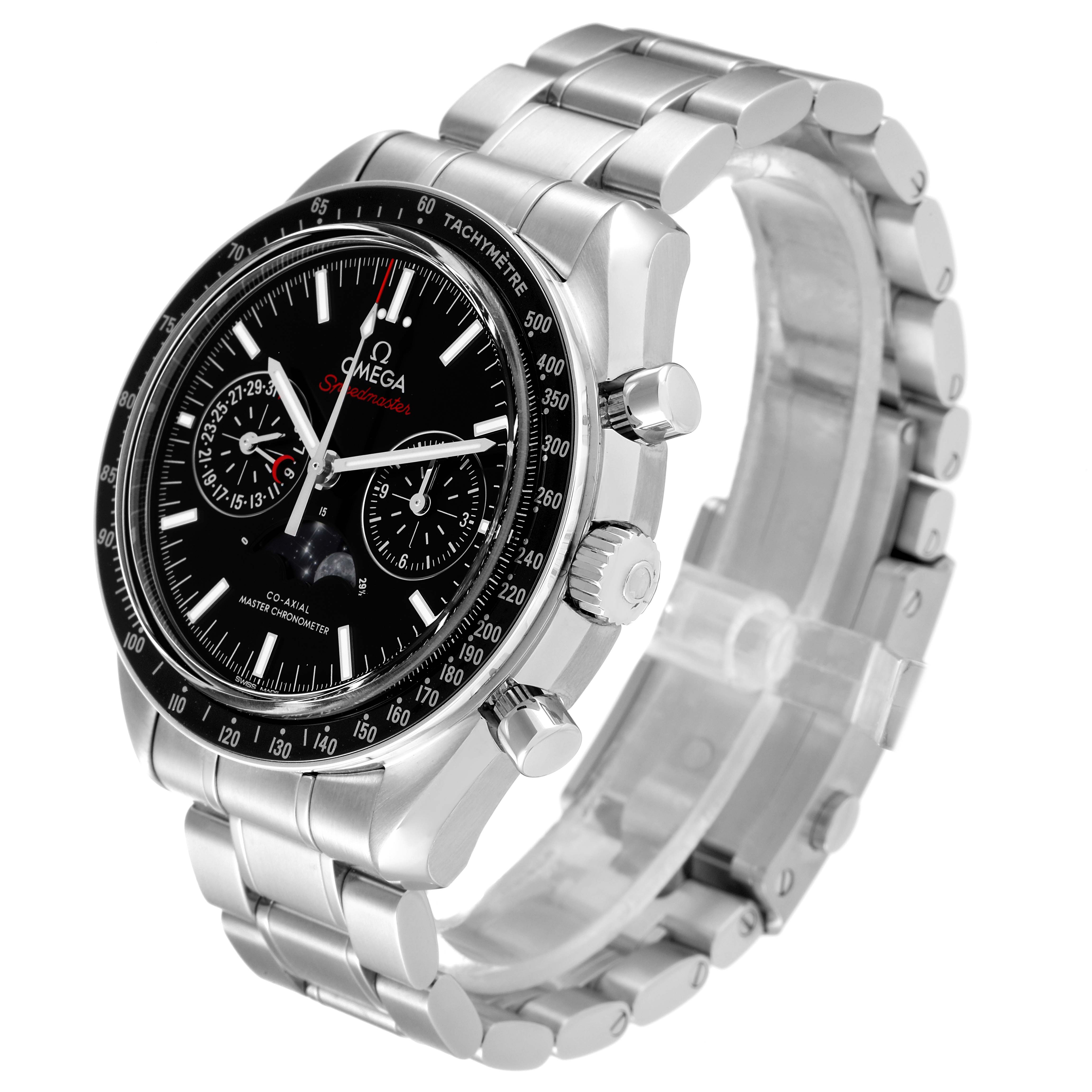 The Omega Speedmaster 304.30.44.52.01.001 Men's Stainless Steel Black Dial 304.30.44.52.01.001 Men's Stainless Steel Black Dial watch is shown at a front-side angle, highlighting the dial, bezel, case, and bracelet.