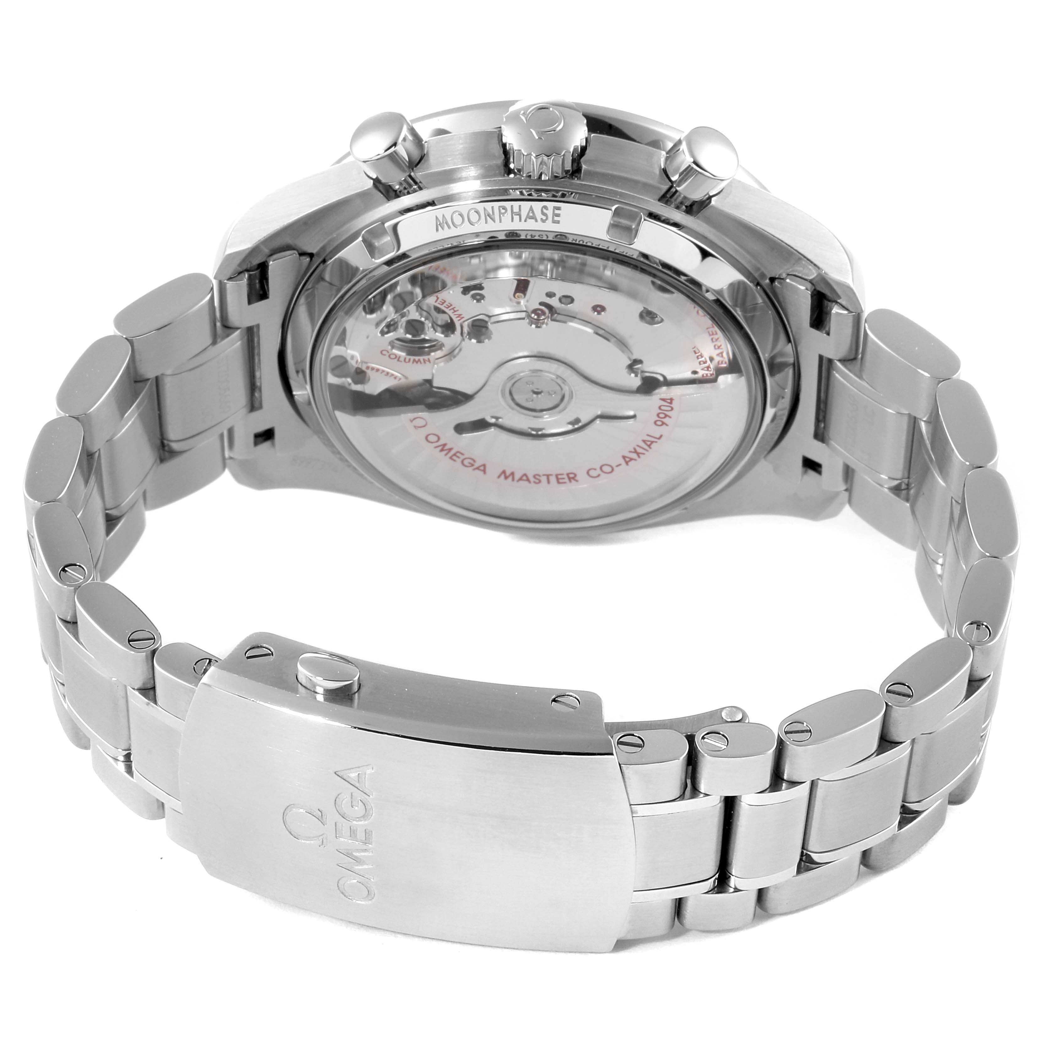 This image shows the back of the Omega Speedmaster 304.30.44.52.01.001 Men's Stainless Steel Black Dial 304.30.44.52.01.001 Men's Stainless Steel Black Dial watch and its metal bracelet, highlighting the transparent case back and clasp.