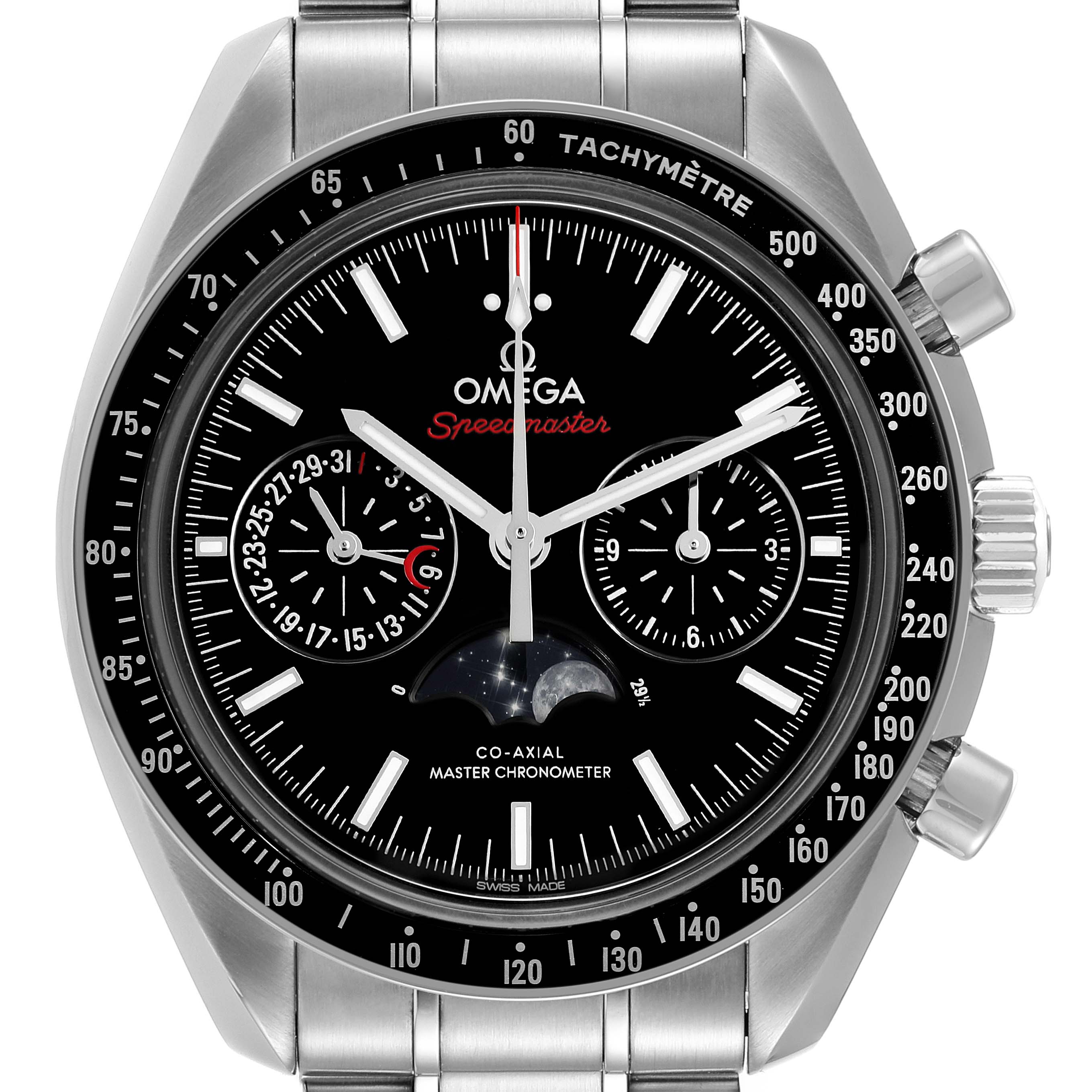 The image shows a frontal view of the Omega Speedmaster 304.30.44.52.01.001 Men's Stainless Steel Black Dial 304.30.44.52.01.001 Men's Stainless Steel Black Dial watch, displaying its face, subdials, and stainless steel bracelet.