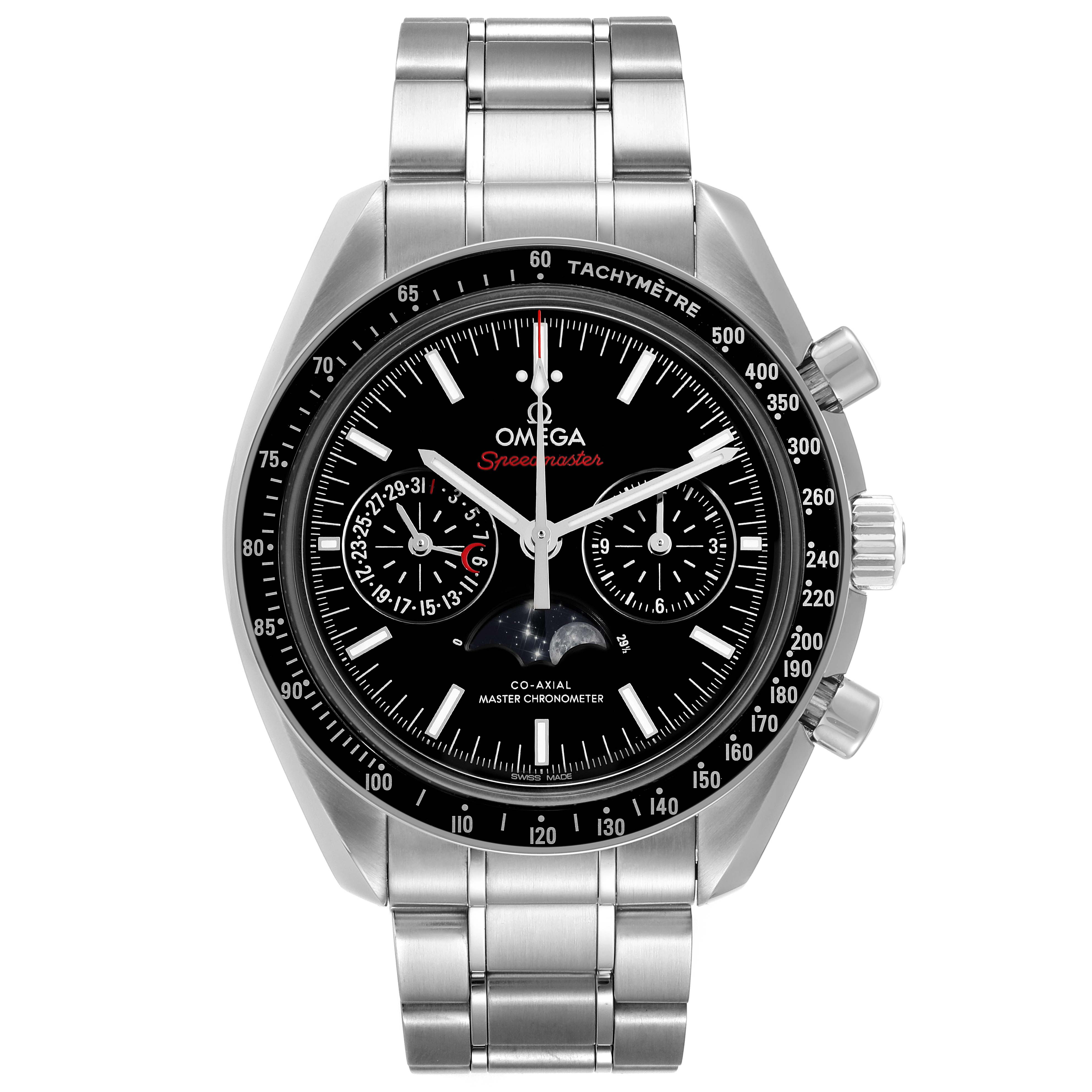 This image shows a front view of an Omega Speedmaster 304.30.44.52.01.001 Men's Stainless Steel Black Dial 304.30.44.52.01.001 Men's Stainless Steel Black Dial watch, featuring a stainless steel bracelet, black dial, and chronograph subdials.