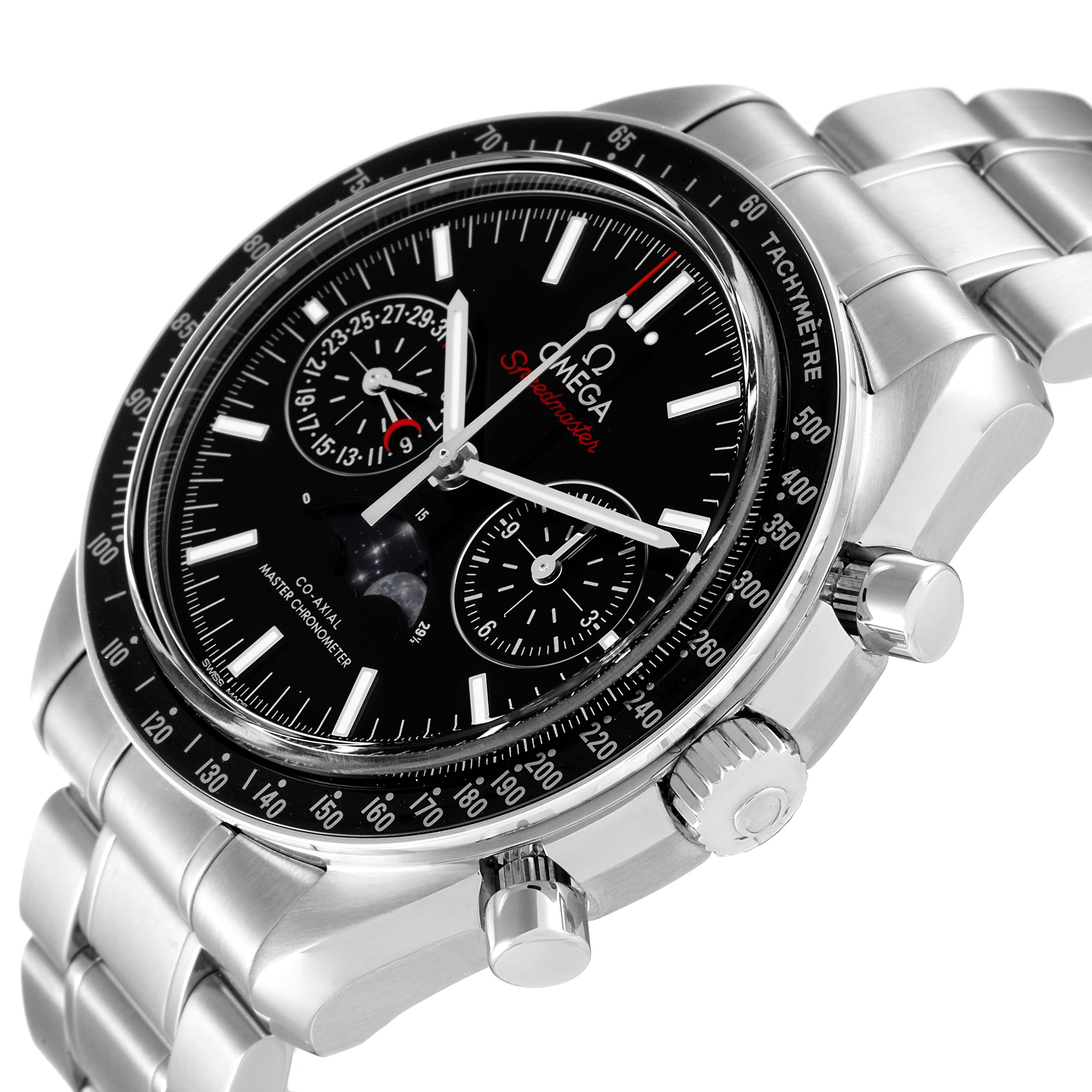 This Omega Speedmaster 304.30.44.52.01.001 Men's Stainless Steel Black Dial 304.30.44.52.01.001 Men's Stainless Steel Black Dial watch is shown from a three-quarter angle, displaying the face, bezel, crown, pushers, and part of the bracelet.