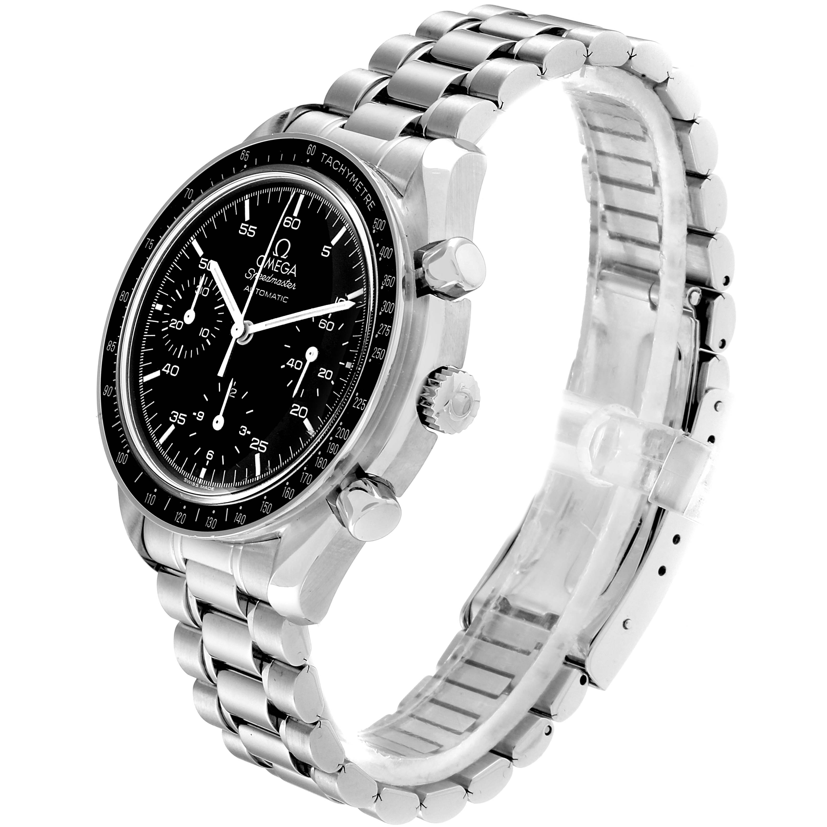 The Omega Speedmaster 3510.50.00 Men's Stainless Steel Black Dial 3510.50.00 Men's Stainless Steel Black Dial watch is at a 3/4 angle showing the face, bezel, crown, pushers, and stainless steel bracelet.