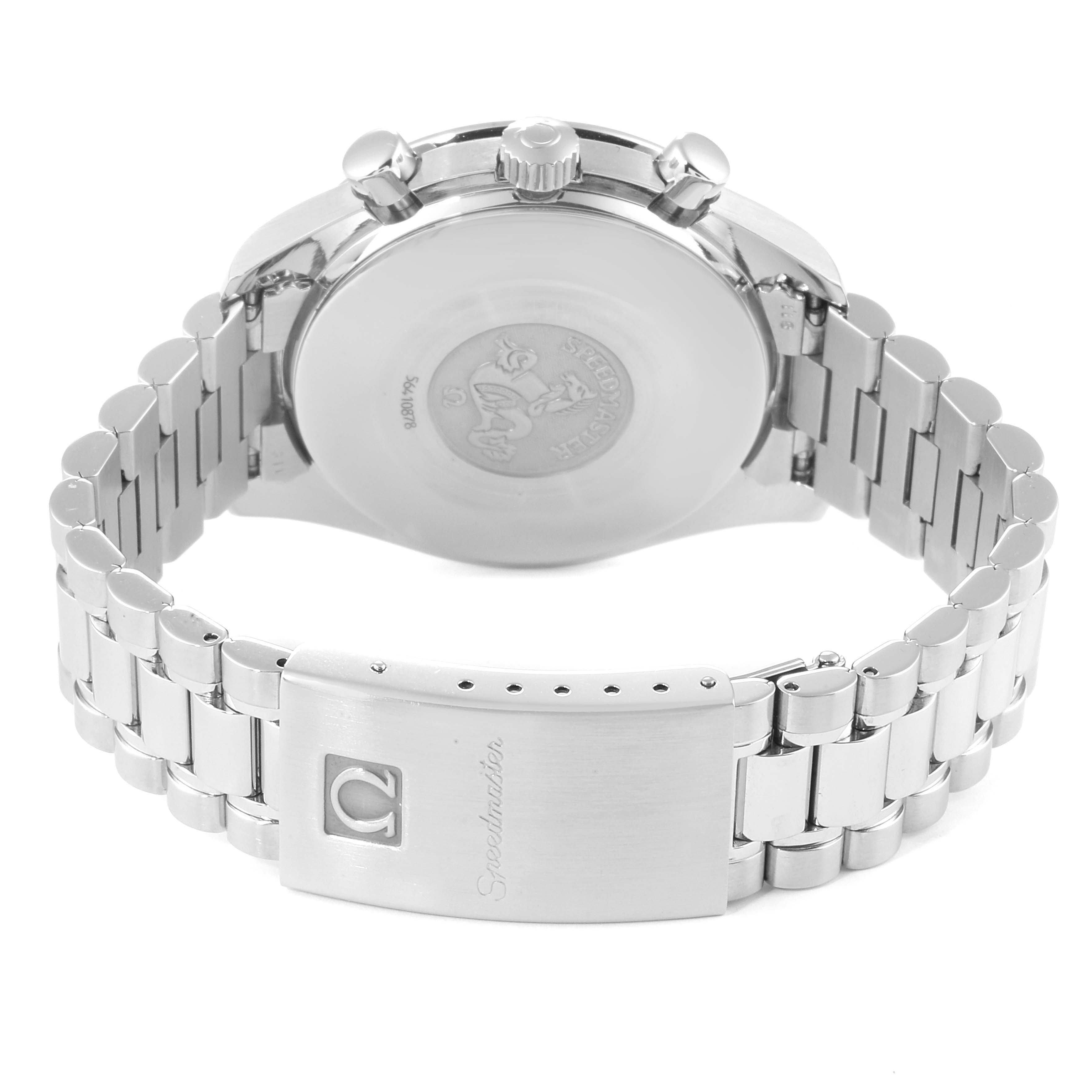 The image shows the back view of an Omega Speedmaster 3510.50.00 Men's Stainless Steel Black Dial 3510.50.00 Men's Stainless Steel Black Dial watch, highlighting the stainless steel case and bracelet with its clasp.