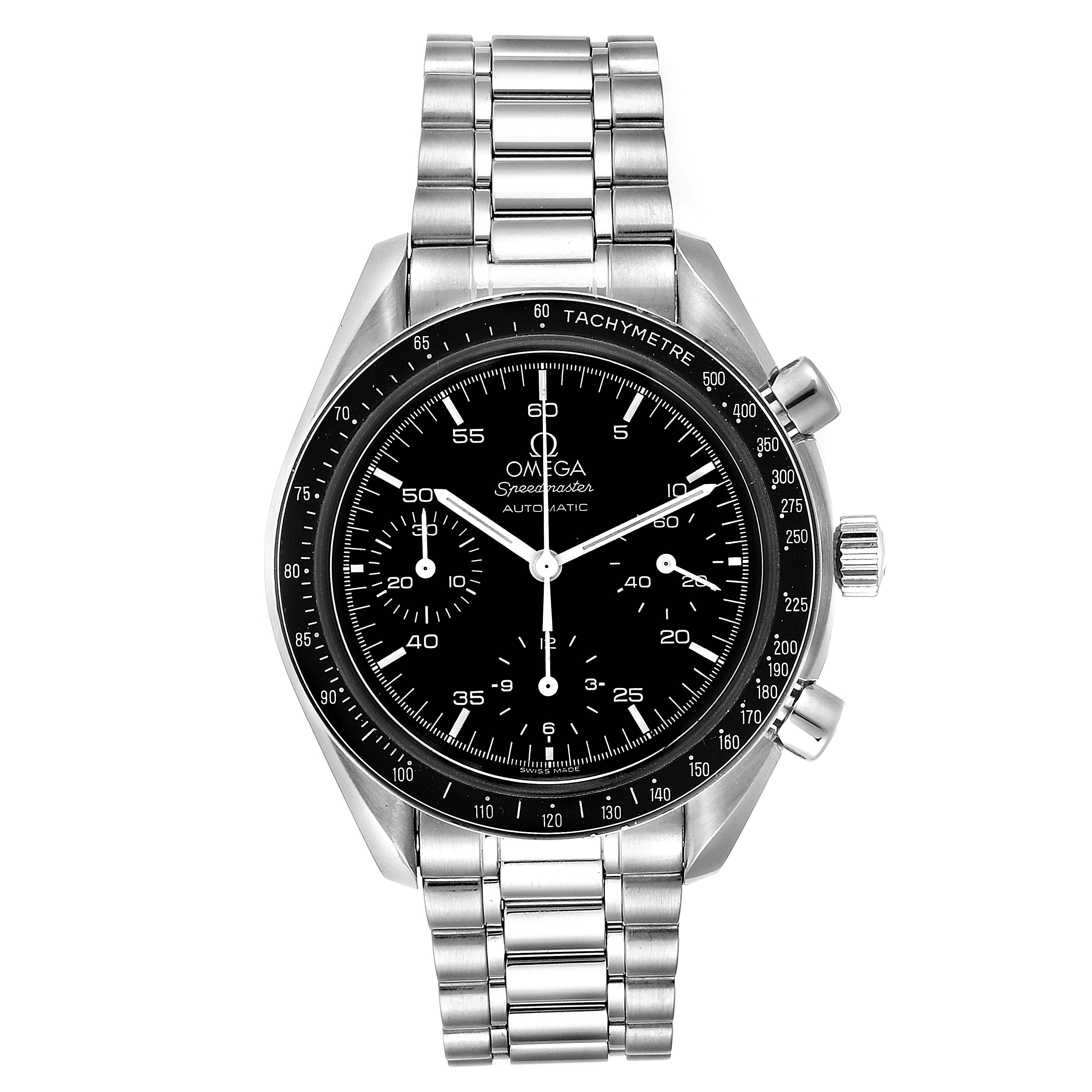 The image shows a front view of an Omega Speedmaster 3510.50.00 Men's Stainless Steel Black Dial 3510.50.00 Men's Stainless Steel Black Dial watch, highlighting its dial, bezel, and metal bracelet.