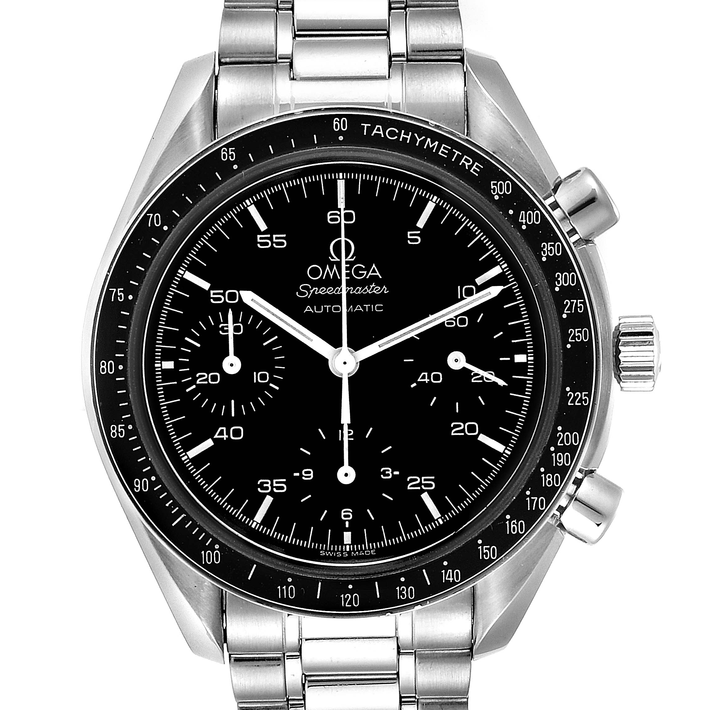 This image shows a front view of the Omega Speedmaster 3510.50.00 Men's Stainless Steel Black Dial 3510.50.00 Men's Stainless Steel Black Dial watch, highlighting its black dial, tachymeter bezel, and subdials.