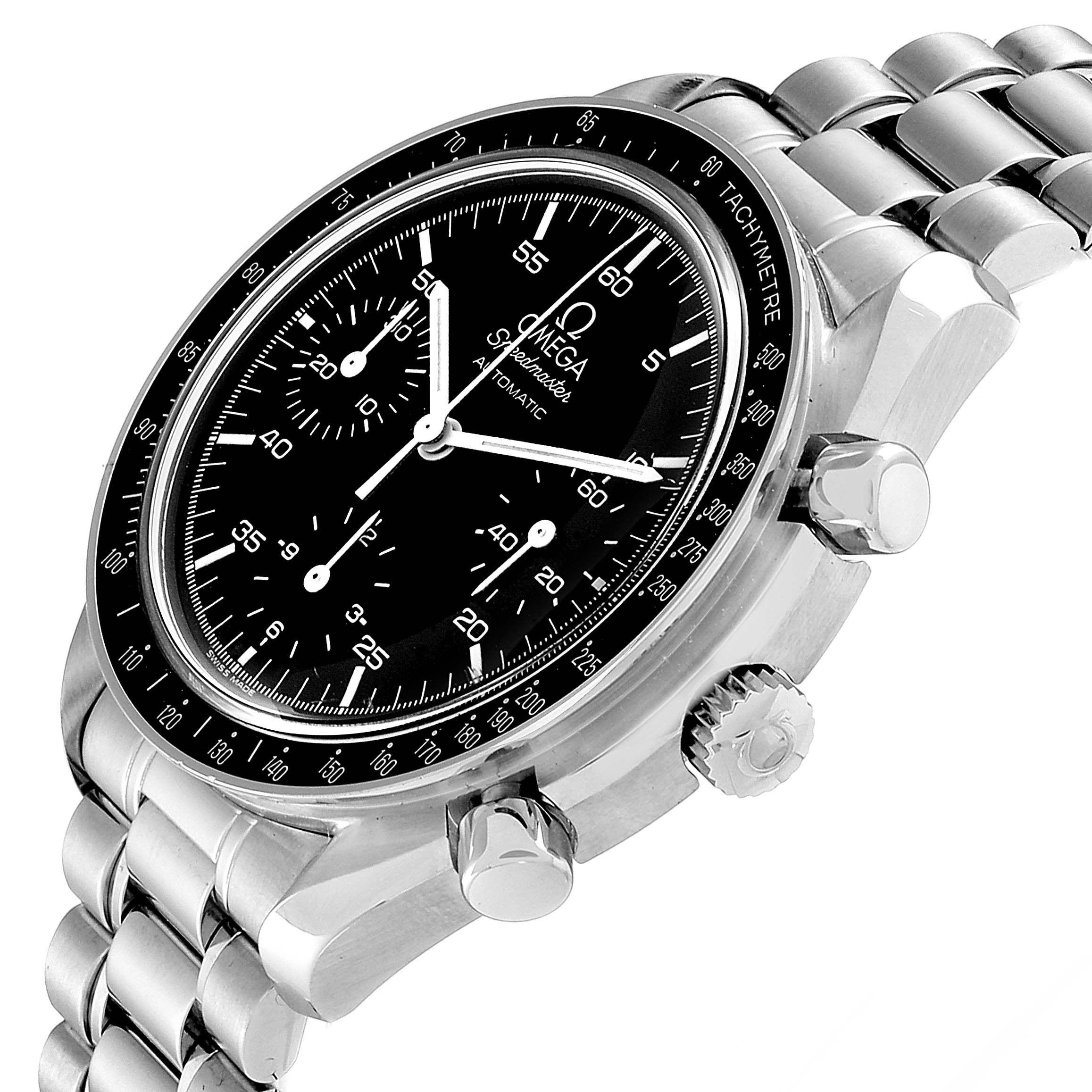 The image shows an Omega Speedmaster 3510.50.00 Men's Stainless Steel Black Dial 3510.50.00 Men's Stainless Steel Black Dial watch at an angled view, highlighting its black dial, chronograph sub-dials, and stainless steel bracelet.