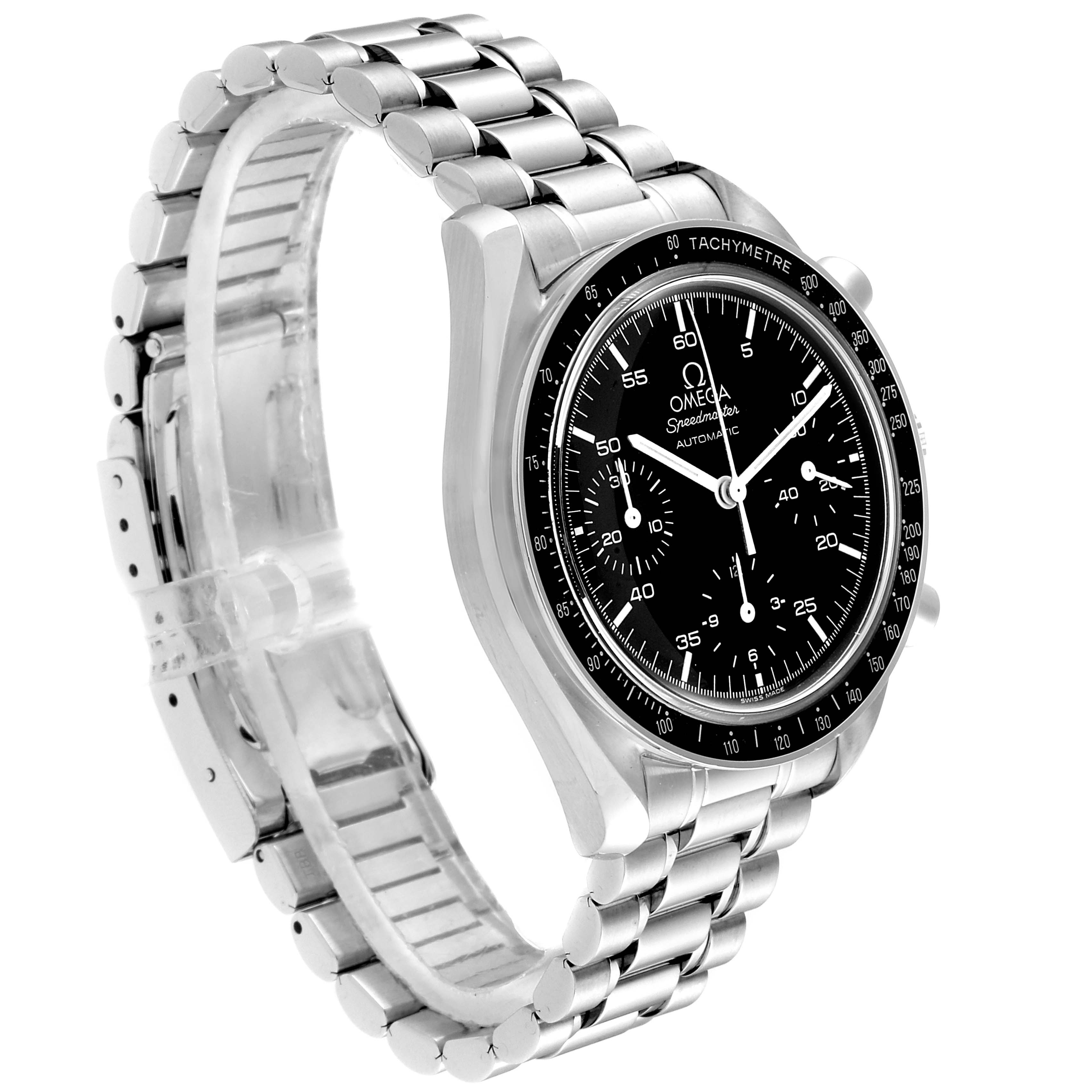 The image shows a side view of an Omega Speedmaster 3510.50.00 Men's Stainless Steel Black Dial 3510.50.00 Men's Stainless Steel Black Dial watch, highlighting its face, bezel, and metal bracelet.