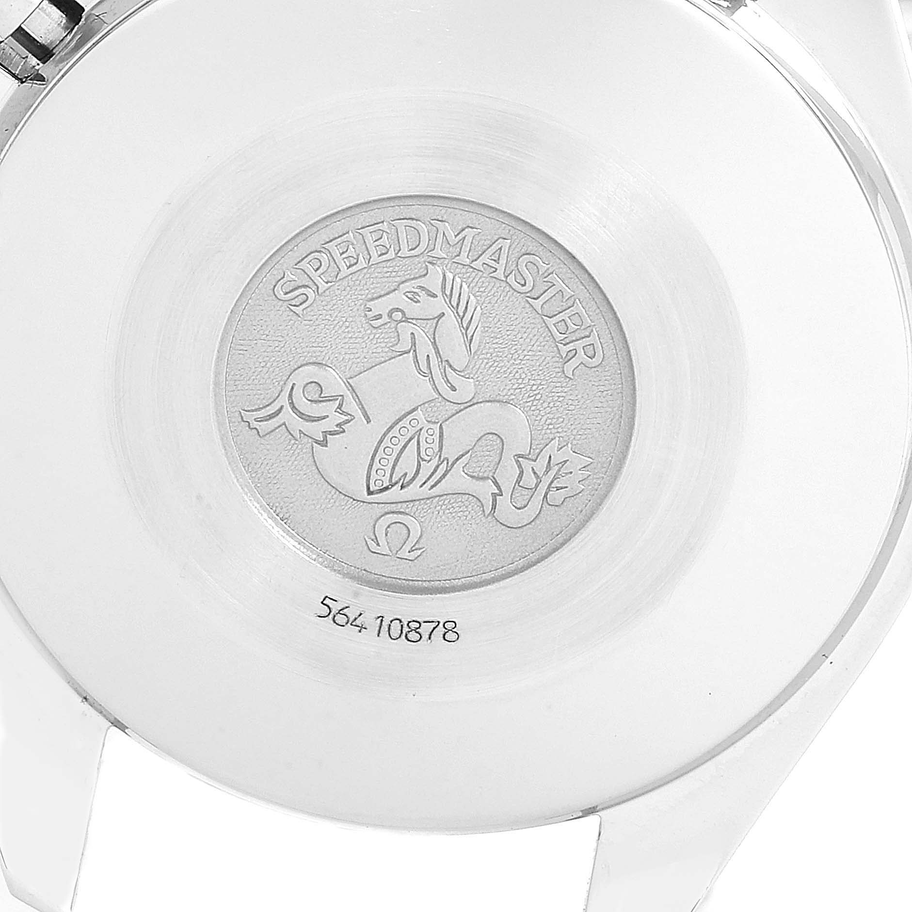 This image shows the back case of an Omega Speedmaster 3510.50.00 Men's Stainless Steel Black Dial 3510.50.00 Men's Stainless Steel Black Dial watch, featuring its emblem and serial number.