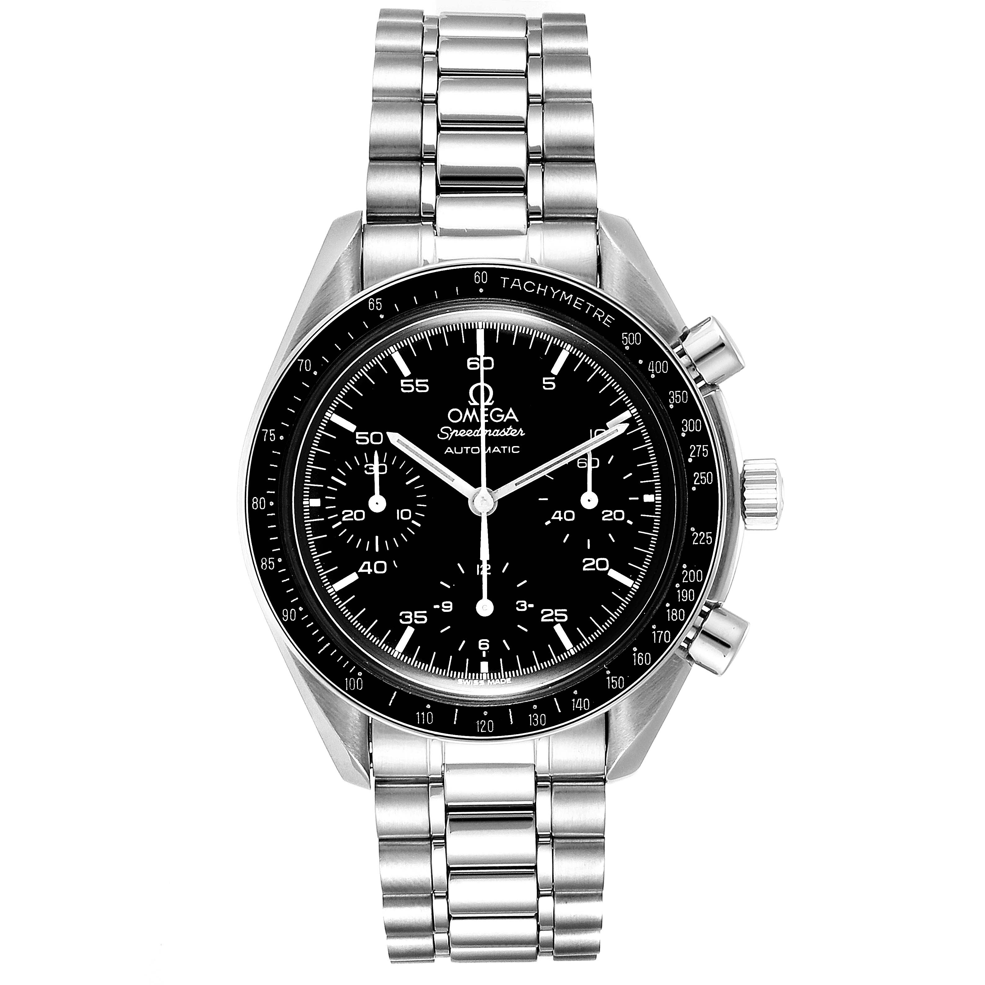 The image shows a front view of an Omega Speedmaster 3510.50.00 Men
s Stainless Steel Black Dial 3510.50.00 Men
s Stainless Steel Black Dial watch displaying the face, bezel, and metal bracelet.