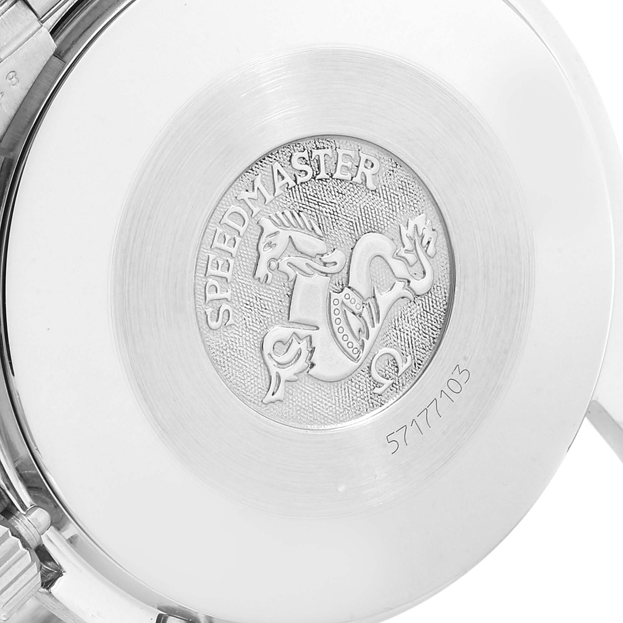 This image shows the backside of the Omega Speedmaster 3510.50.00 Men
s Stainless Steel Black Dial 3510.50.00 Men
s Stainless Steel Black Dial watch, displaying its engraved logo and serial number.