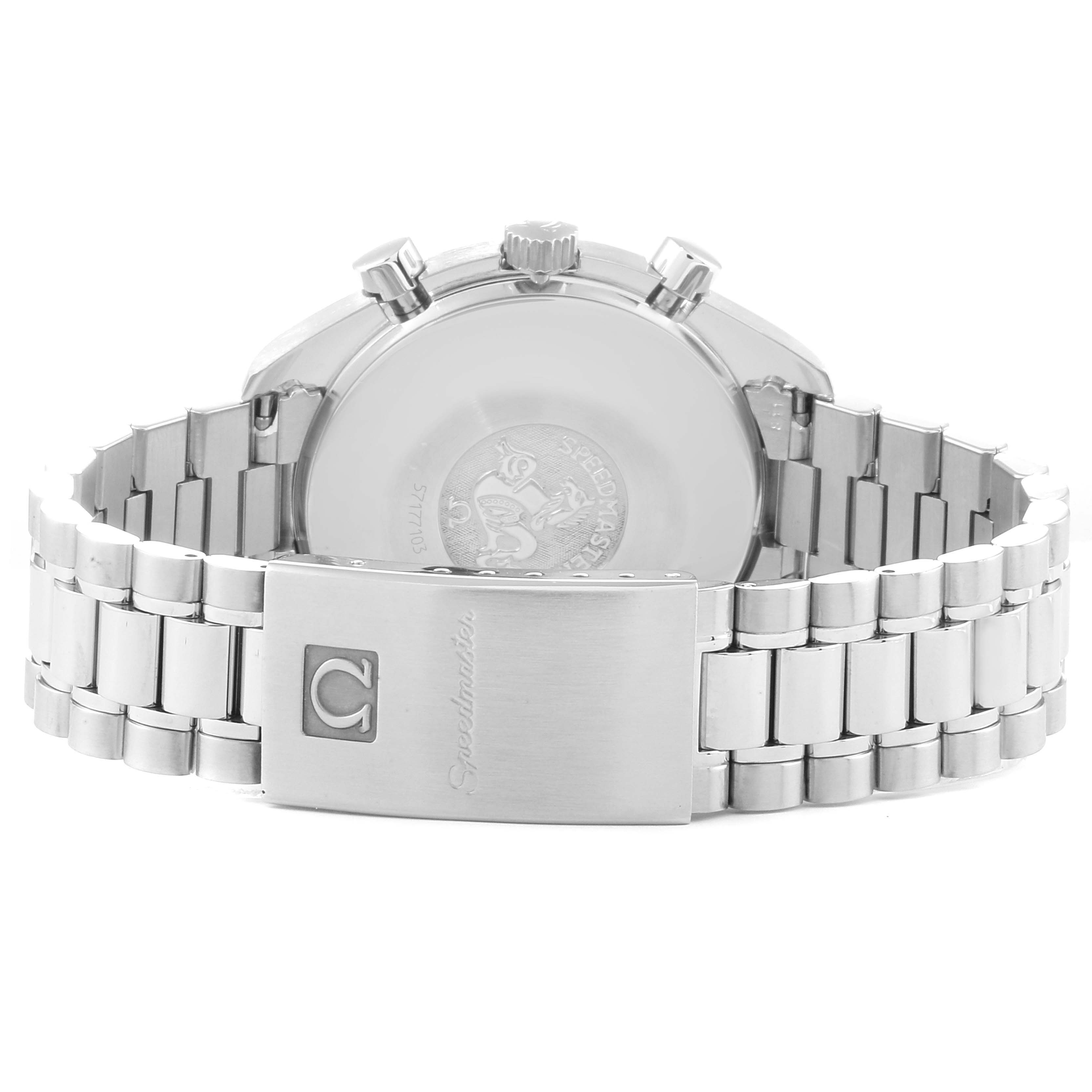 This image shows the back view and clasp of an Omega Speedmaster 3510.50.00 Men
s Stainless Steel Black Dial 3510.50.00 Men
s Stainless Steel Black Dial watch, highlighting its stainless steel bracelet and engraved case back.