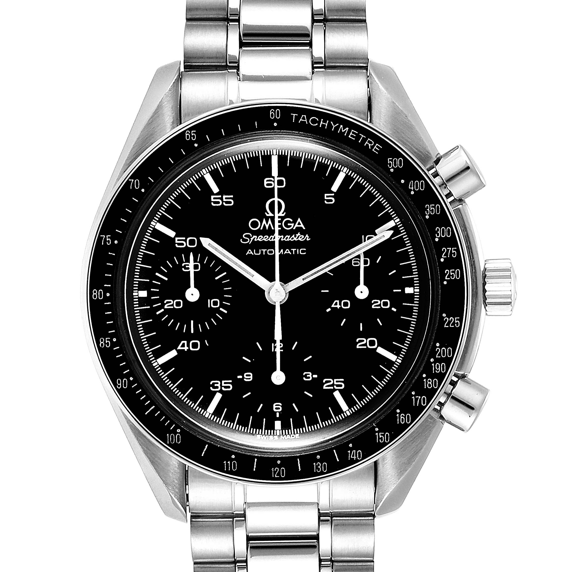 The image shows a front view of the Omega Speedmaster 3510.50.00 Men
s Stainless Steel Black Dial 3510.50.00 Men
s Stainless Steel Black Dial watch, displaying its dial, tachymetre bezel, and stainless steel bracelet.