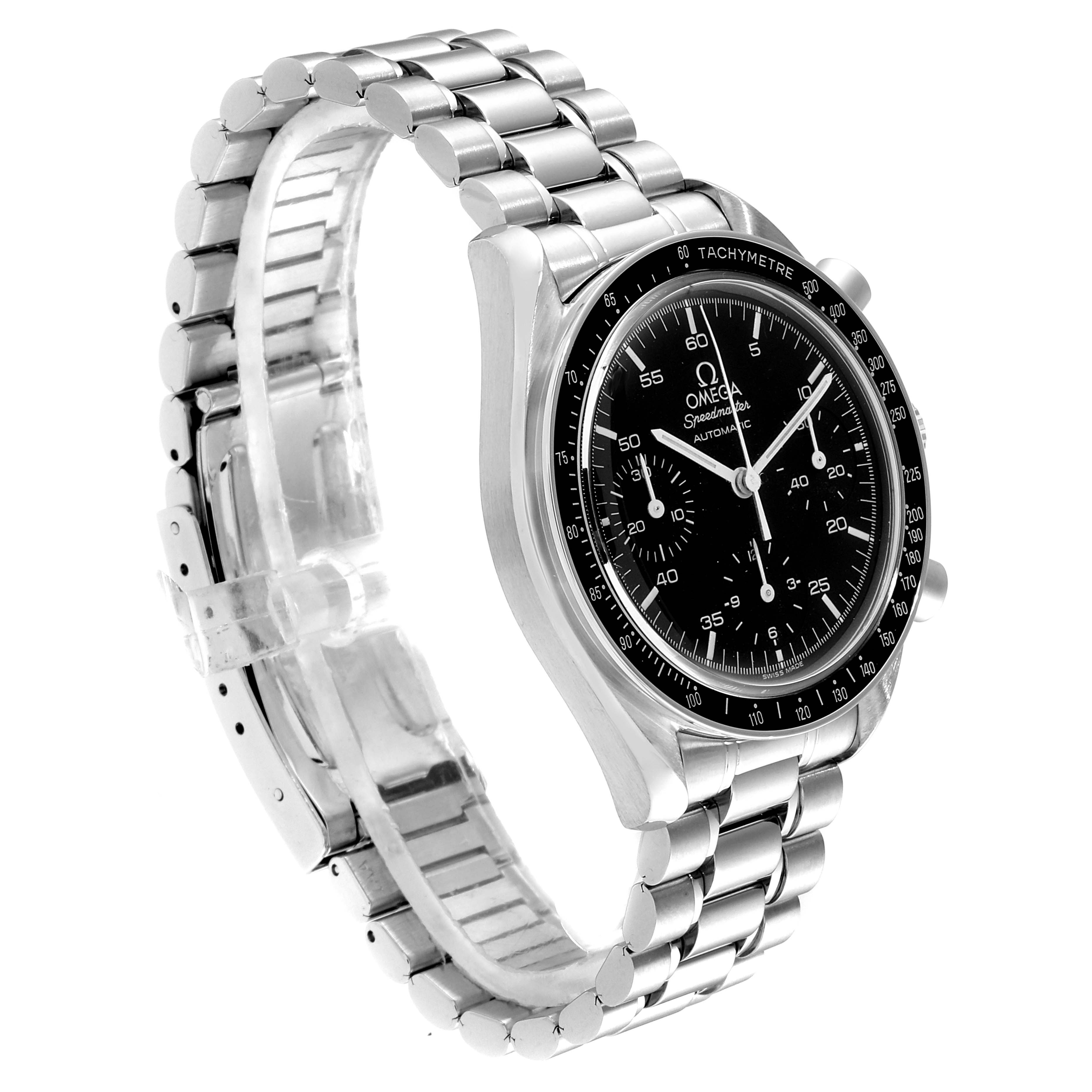 The image displays an Omega Speedmaster 3510.50.00 Men
s Stainless Steel Black Dial 3510.50.00 Men
s Stainless Steel Black Dial watch at an angle showcasing its face, bezel, and metal bracelet.