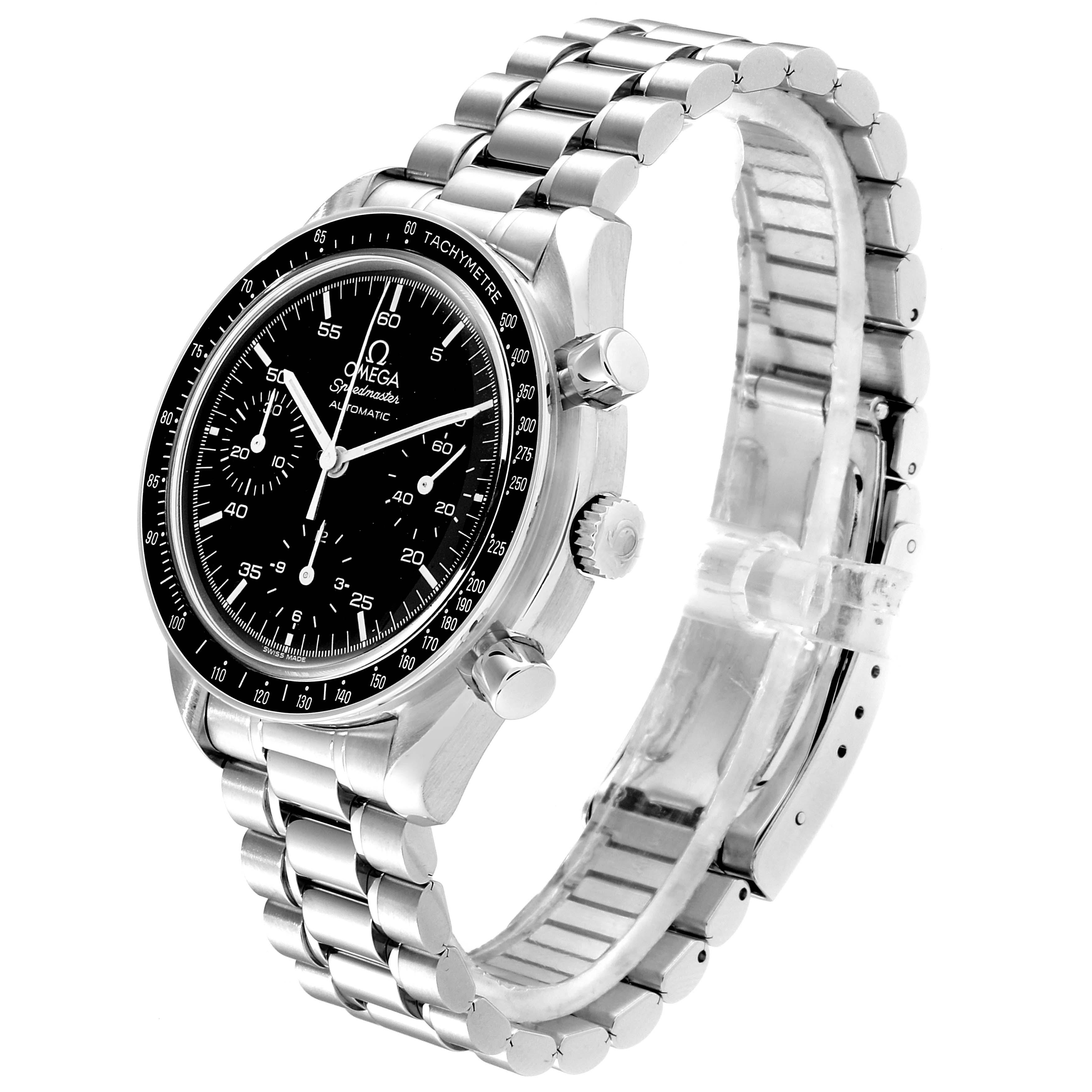 This Omega Speedmaster 3510.50.00 Men
s Stainless Steel Black Dial 3510.50.00 Men
s Stainless Steel Black Dial watch is shown from a three-quarter angle, displaying its face, case, and bracelet.