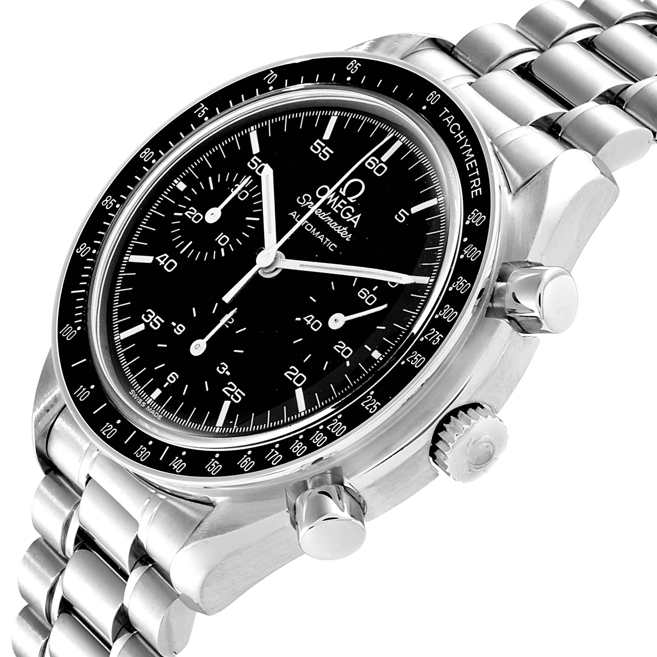 The Omega Speedmaster 3510.50.00 Men
s Stainless Steel Black Dial 3510.50.00 Men
s Stainless Steel Black Dial watch is shown at an angled top-down view, highlighting the face, bezel, crown, and pushers.