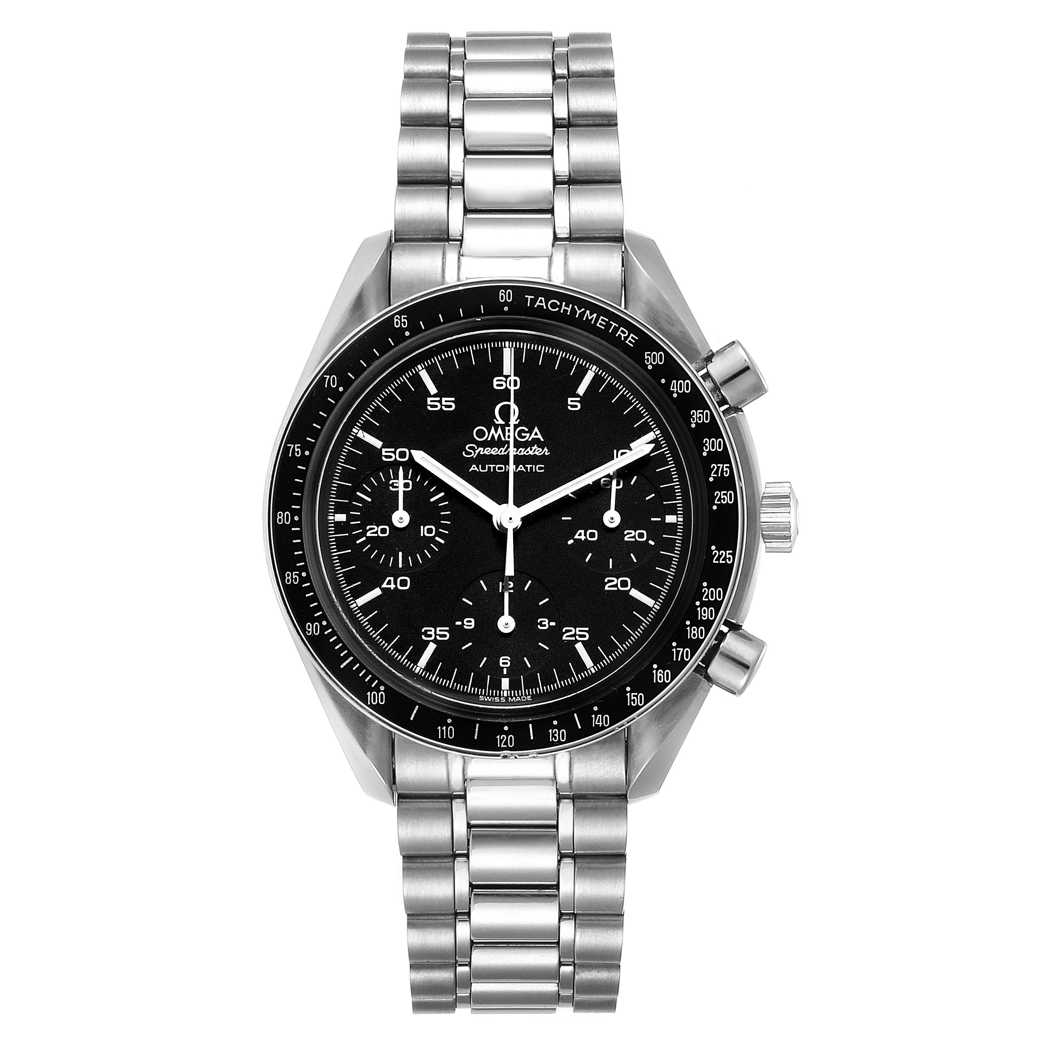 The image shows a front view of an Omega Speedmaster 3510.50.00 Men
s Stainless Steel Black Dial 3510.50.00 Men
s Stainless Steel Black Dial watch, showcasing its dial, bracelet, and tachymeter bezel.