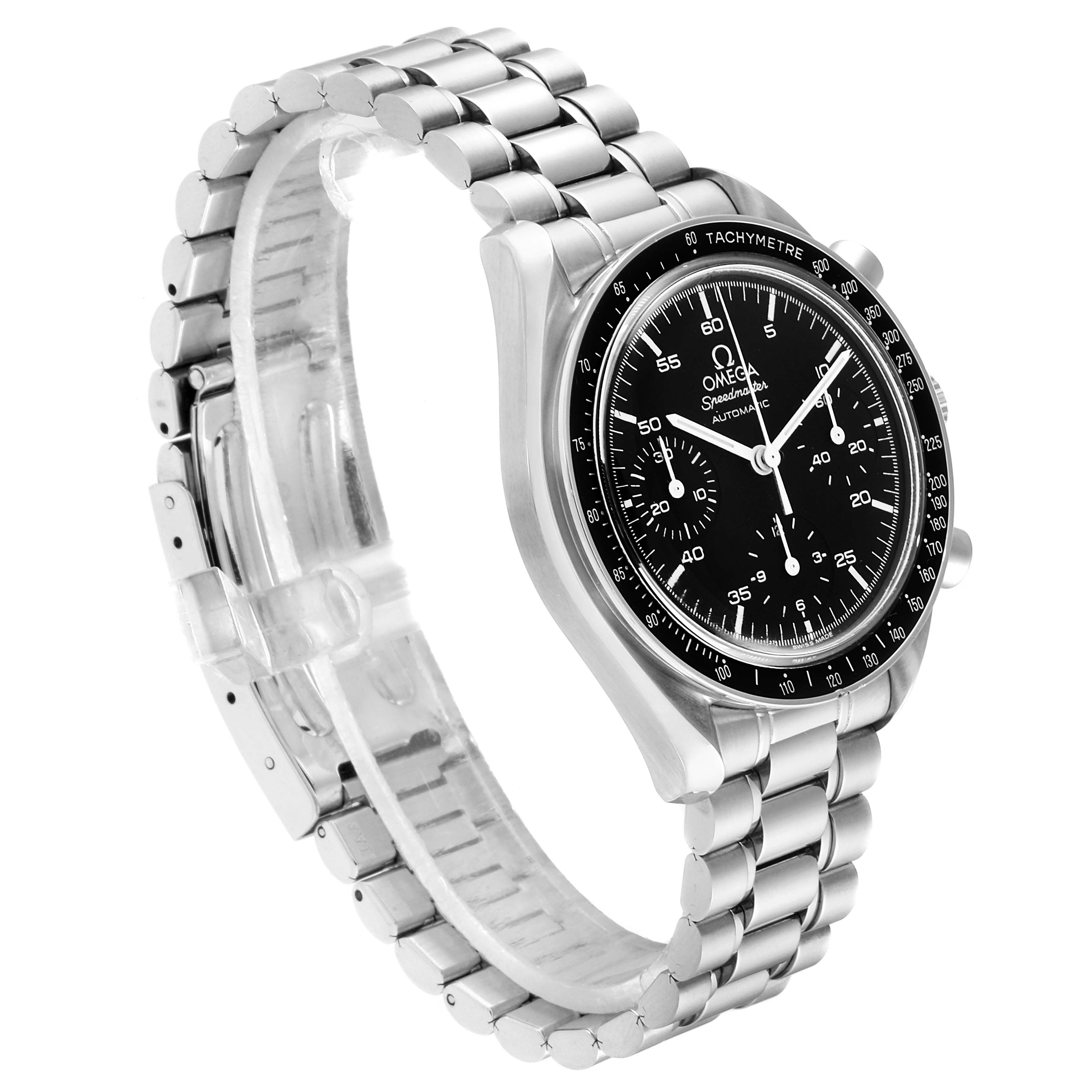 The image shows an angled view of an Omega Speedmaster 3510.50.00 Men
s Stainless Steel Black Dial 3510.50.00 Men
s Stainless Steel Black Dial watch, highlighting its face, bezel, and metal bracelet.