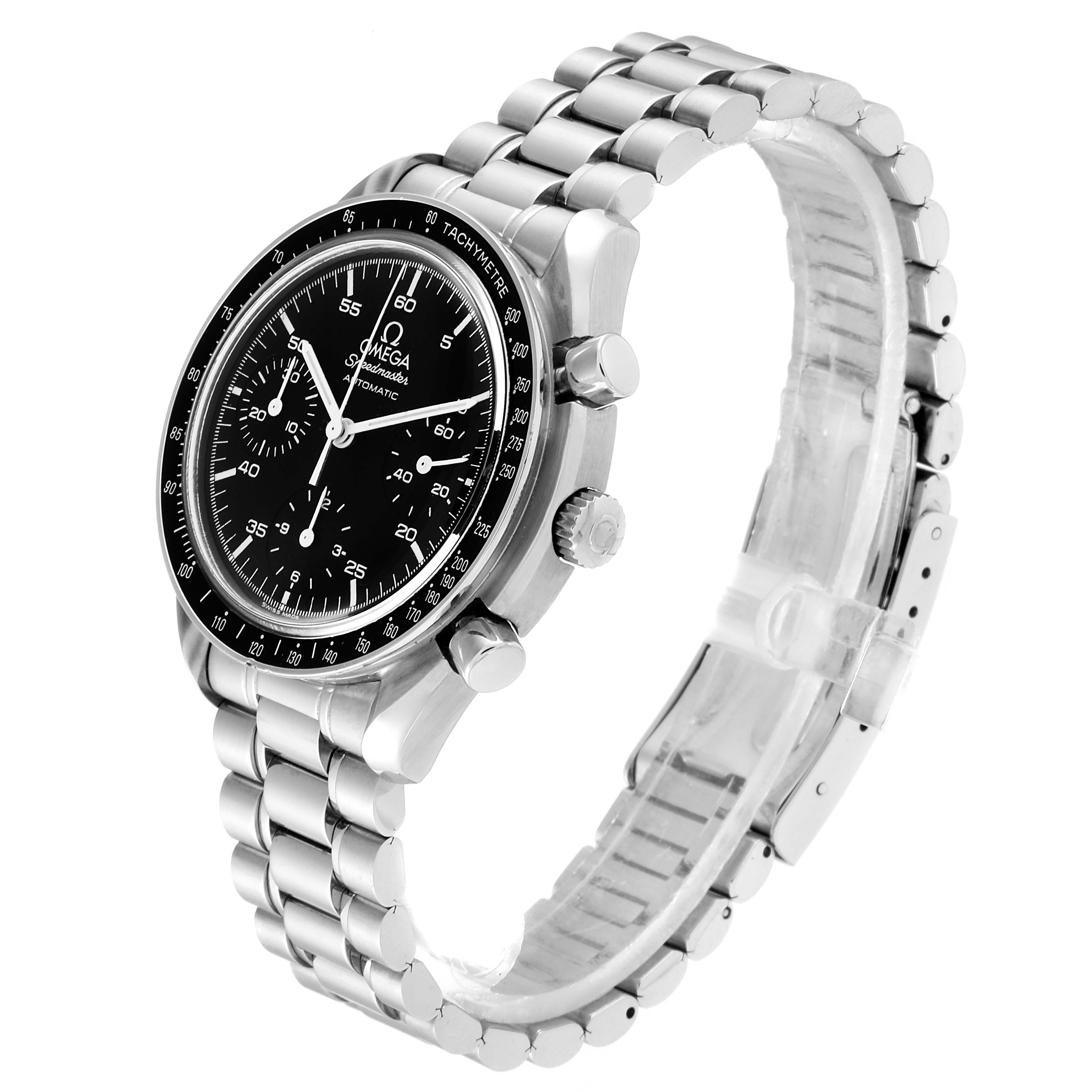 This image shows an Omega Speedmaster 3510.50.00 Men
s Stainless Steel Black Dial 3510.50.00 Men
s Stainless Steel Black Dial watch from an angled side view highlighting the case, bracelet, and chronograph pushers.