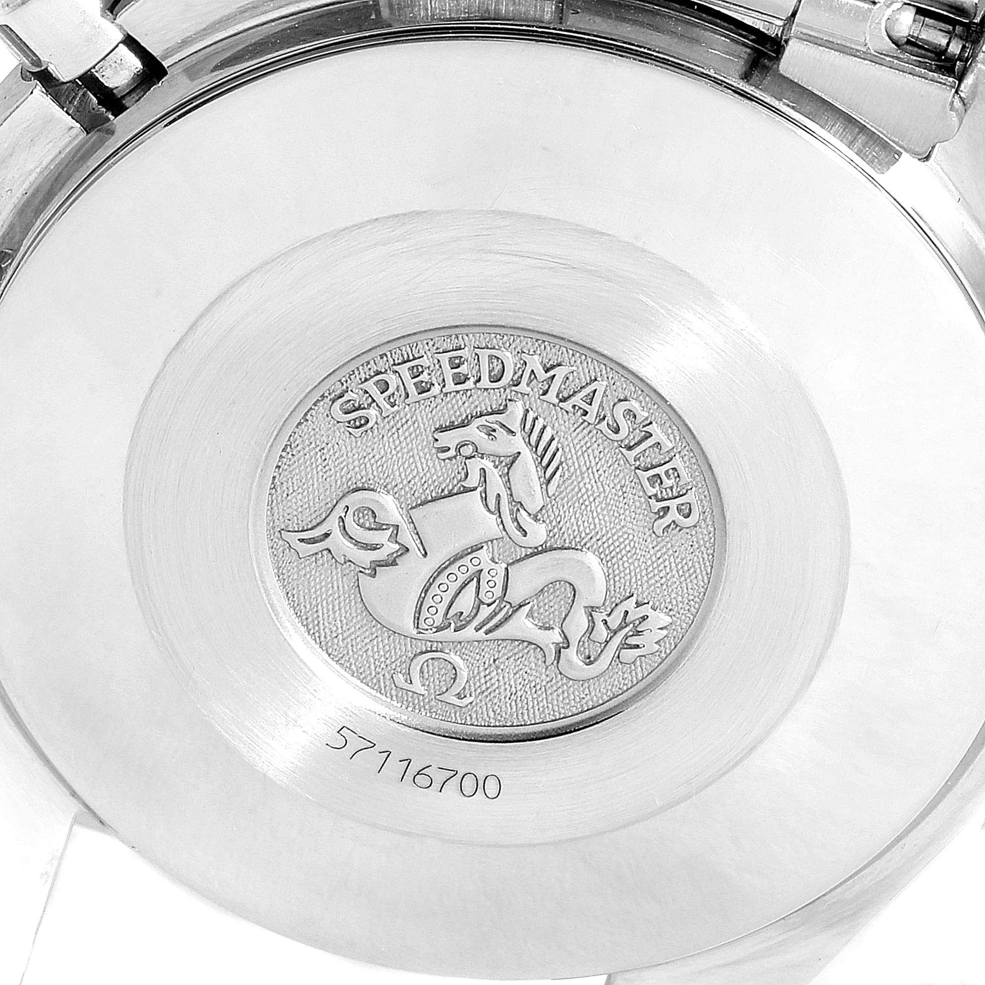 The image shows the case back of the Omega Speedmaster 3510.50.00 Men
s Stainless Steel Black Dial 3510.50.00 Men
s Stainless Steel Black Dial watch engraved with the model name and a horse emblem.