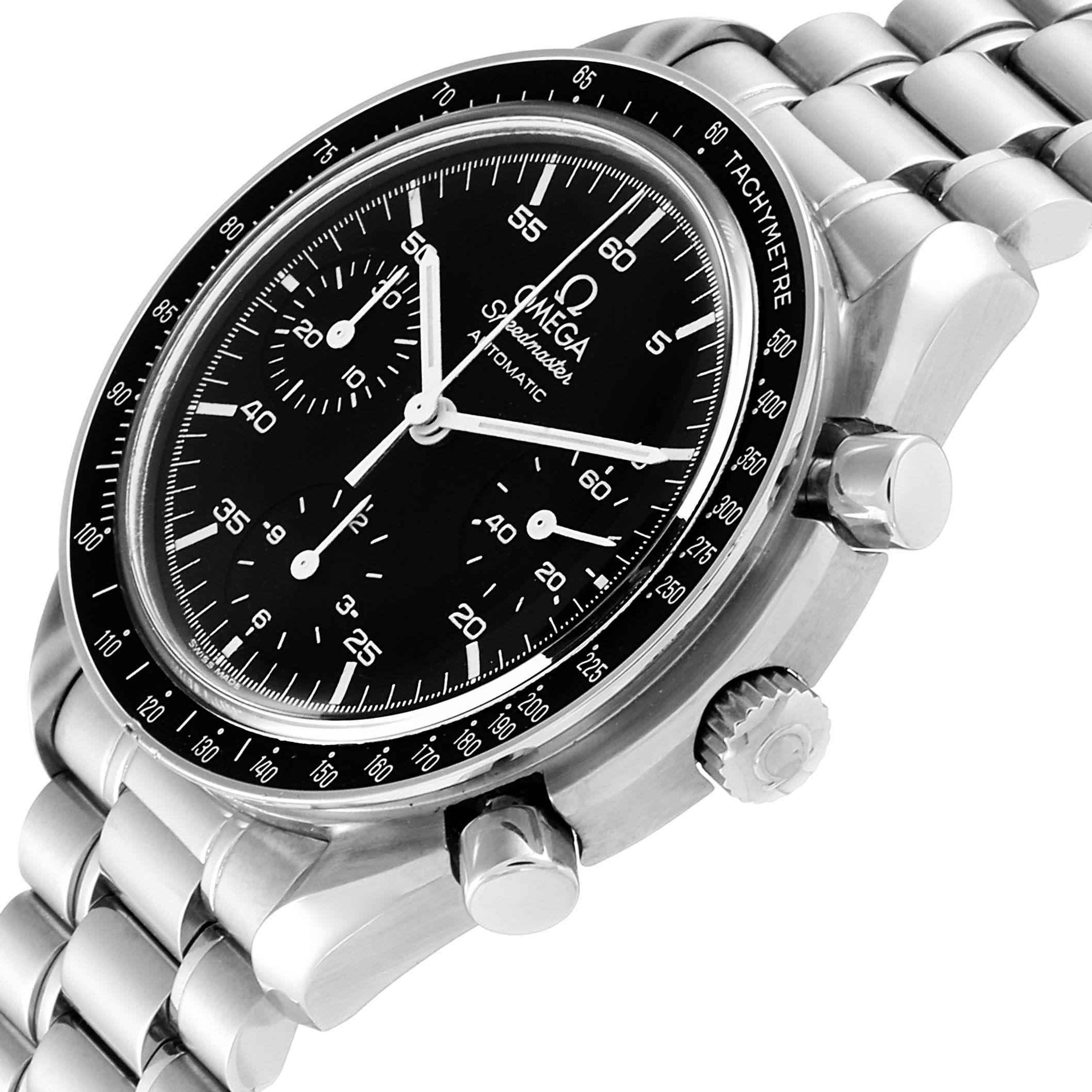 The Omega Speedmaster 3510.50.00 Men
s Stainless Steel Black Dial 3510.50.00 Men
s Stainless Steel Black Dial watch is shown at an angle displaying the face, bezel, crown, pushers, and part of the bracelet.