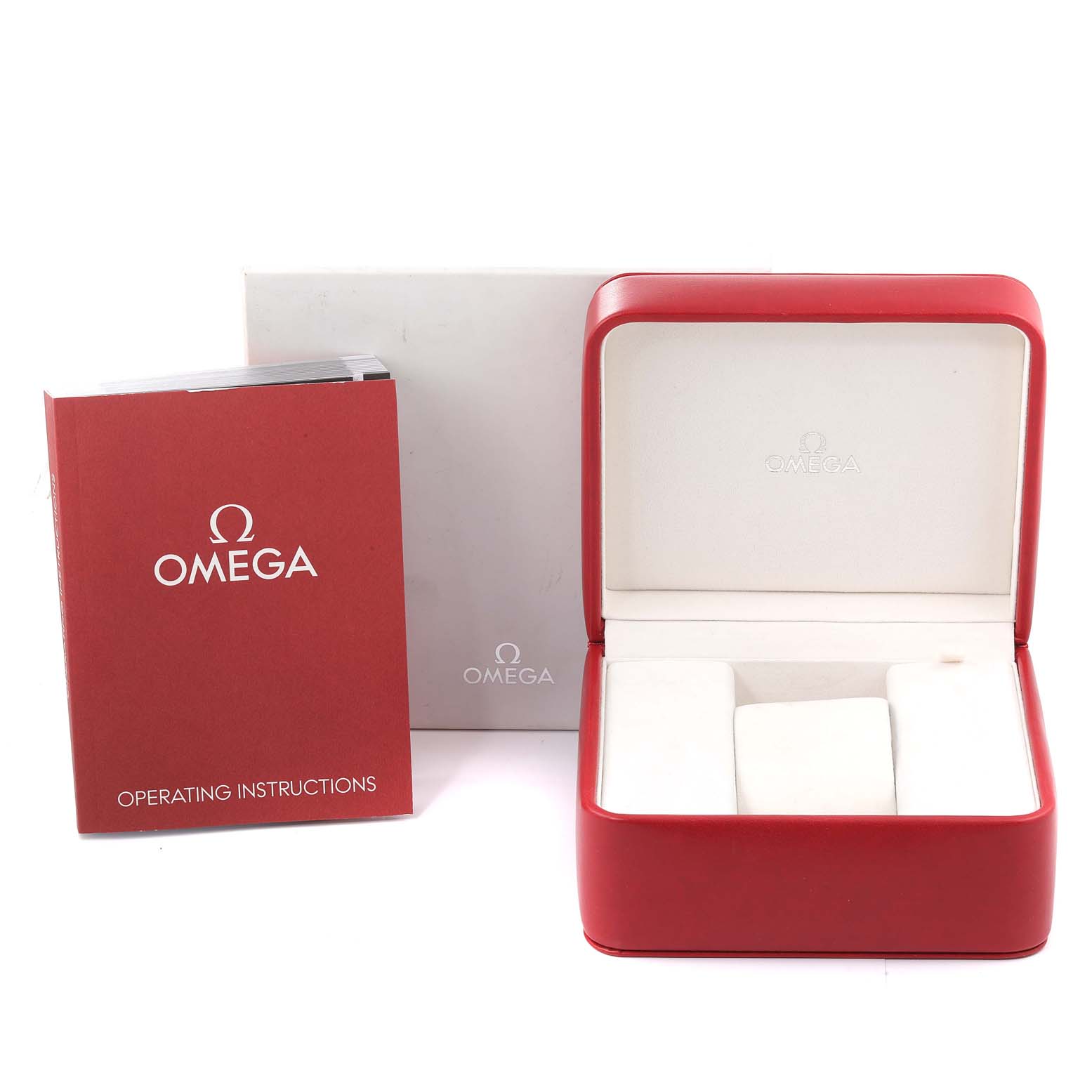 The image shows an Omega Speedmaster 3507.51.00 Men's Stainless Steel Black Dial 3507.51.00 Men's Stainless Steel Black Dial watch box, outer box, and operating instructions manual from a frontal angle.