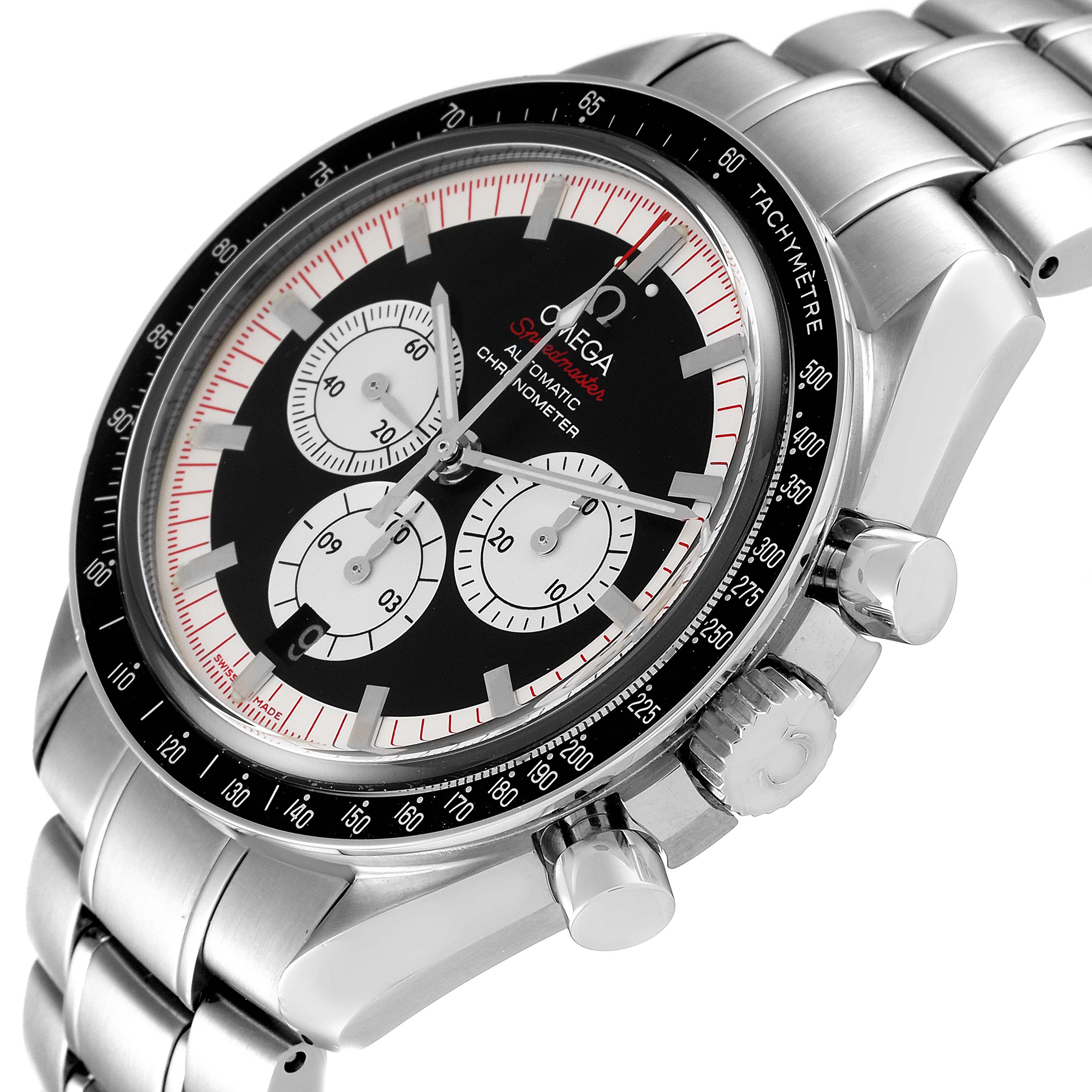 The Omega Speedmaster 3507.51.00 Men's Stainless Steel Black Dial 3507.51.00 Men's Stainless Steel Black Dial watch is shown at an angle displaying its face, tachymeter bezel, push-buttons, and stainless steel bracelet.
