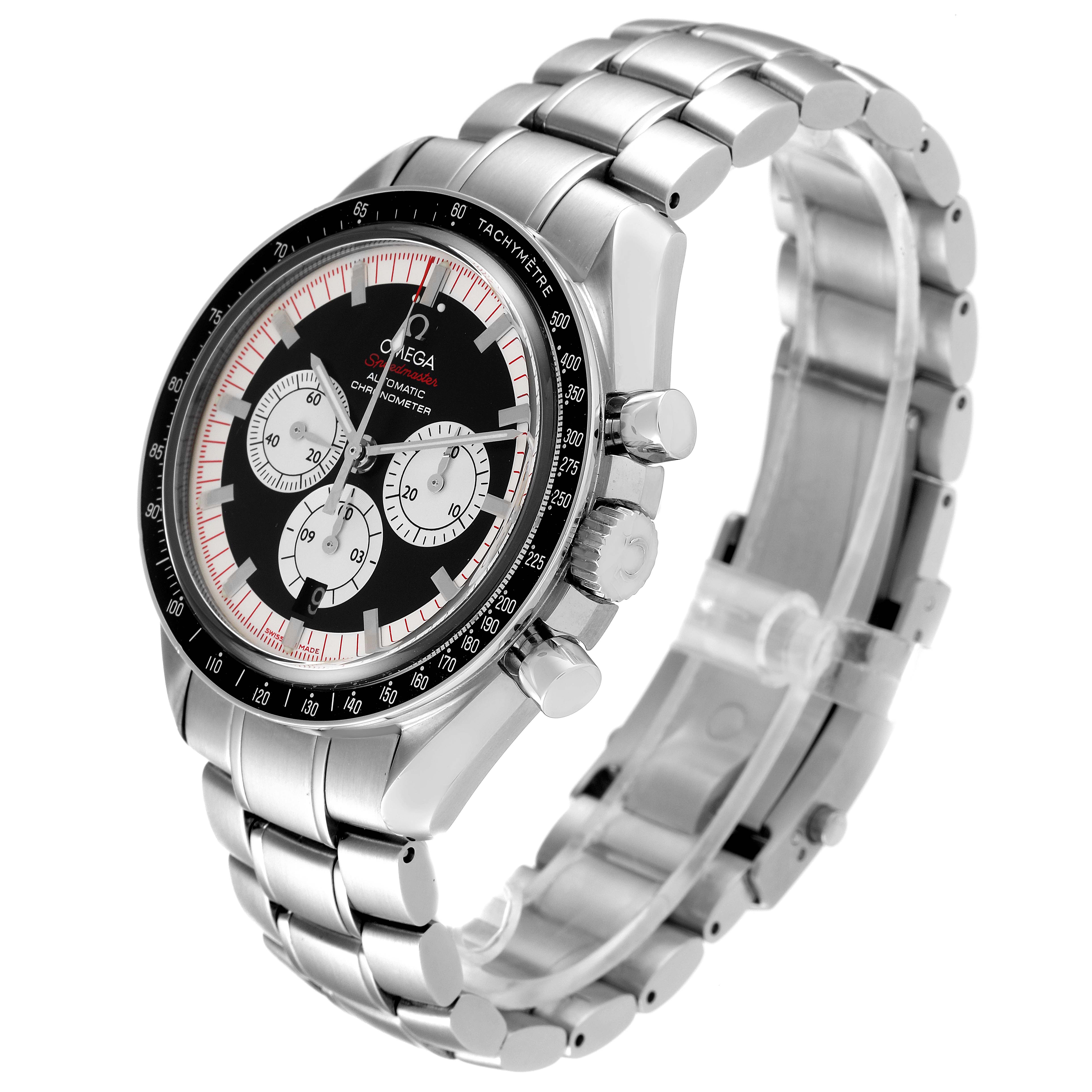 The image shows an Omega Speedmaster 3507.51.00 Men's Stainless Steel Black Dial 3507.51.00 Men's Stainless Steel Black Dial showcasing the dial, bezel, crown, and stainless steel bracelet from a 3/4 angle.