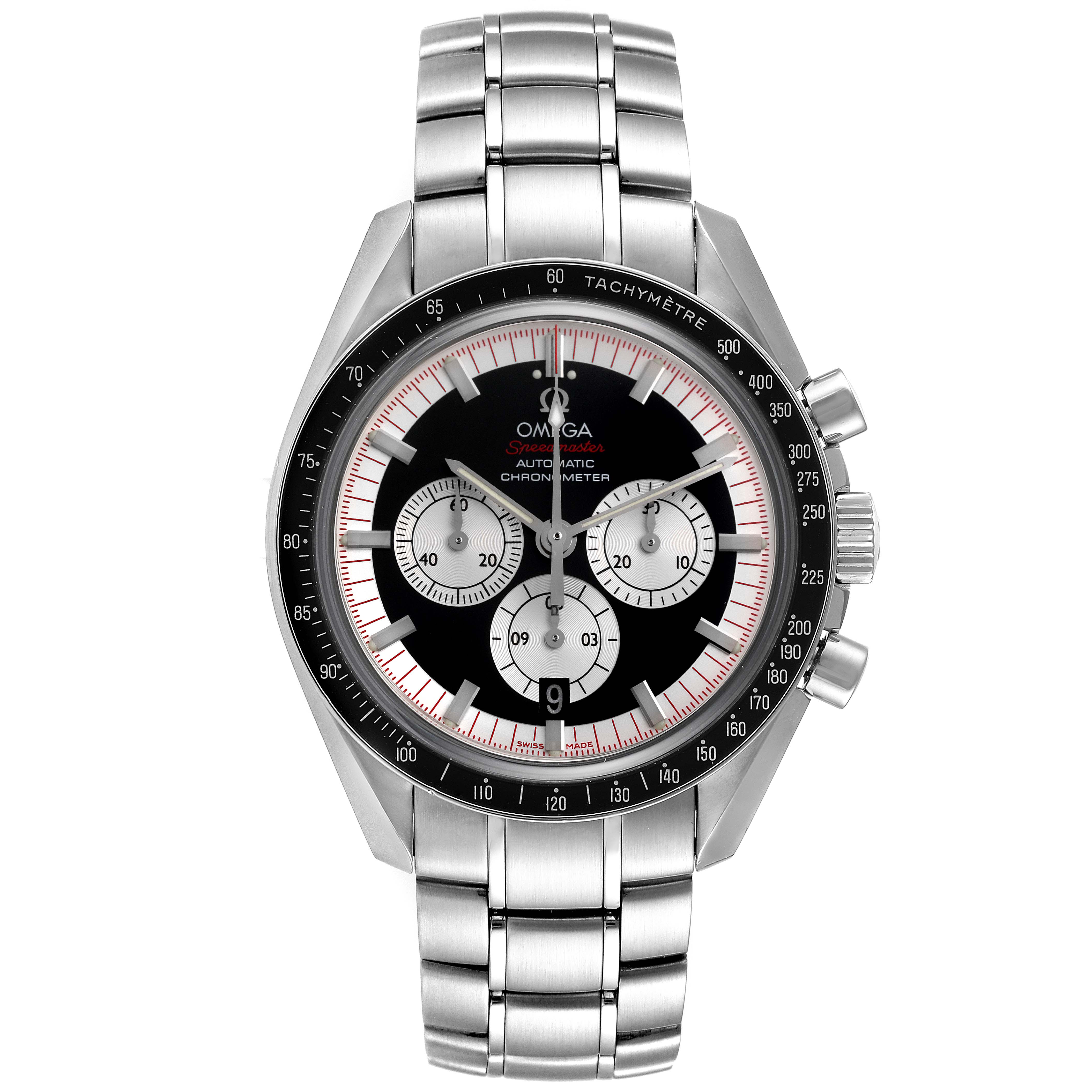 The image shows a front view of an Omega Speedmaster 3507.51.00 Men's Stainless Steel Black Dial 3507.51.00 Men's Stainless Steel Black Dial watch, displaying its face, bezel, and stainless steel bracelet.