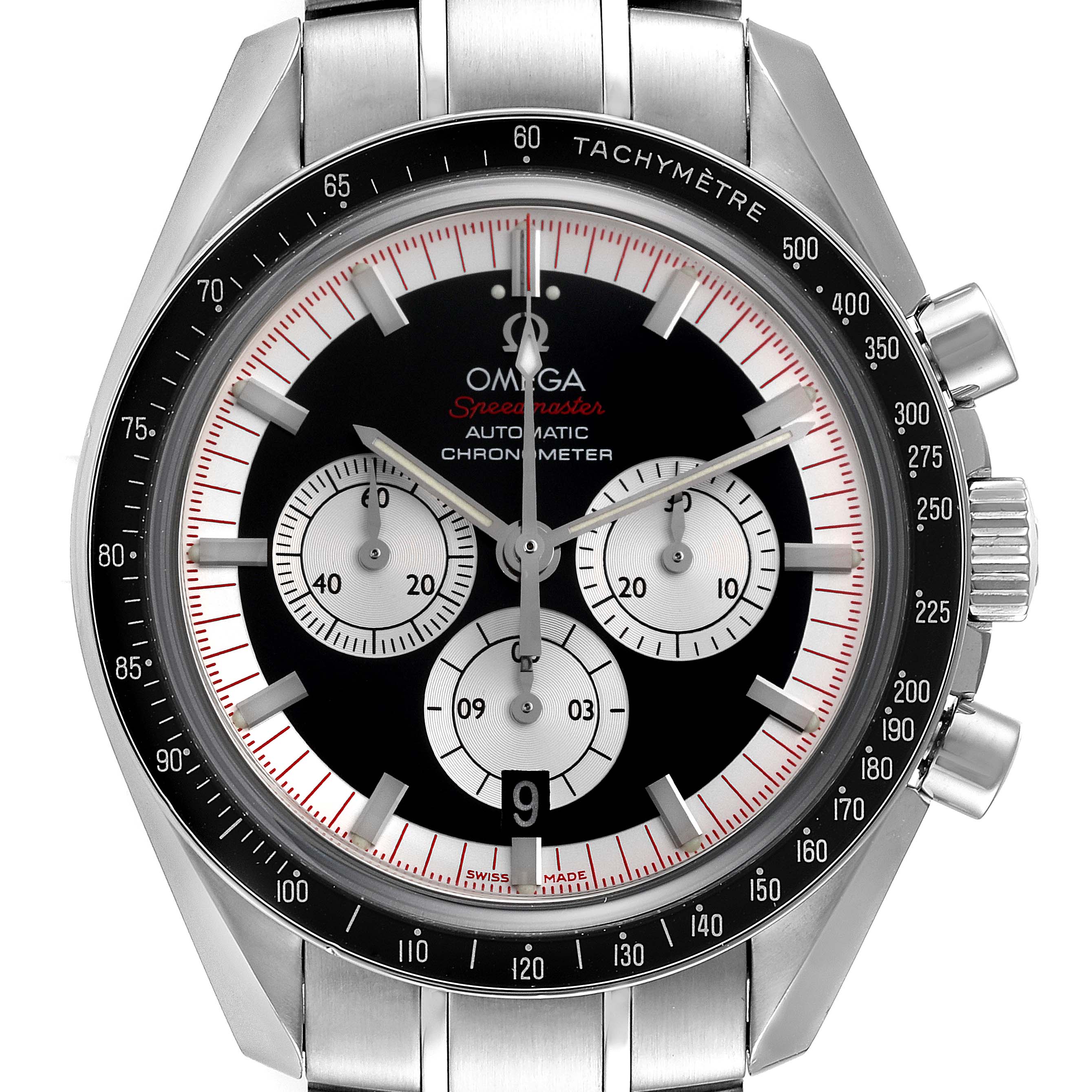 The image shows a front angle of the Omega Speedmaster 3507.51.00 Men's Stainless Steel Black Dial 3507.51.00 Men's Stainless Steel Black Dial watch, highlighting its dial, chronograph subdials, and tachymeter bezel.