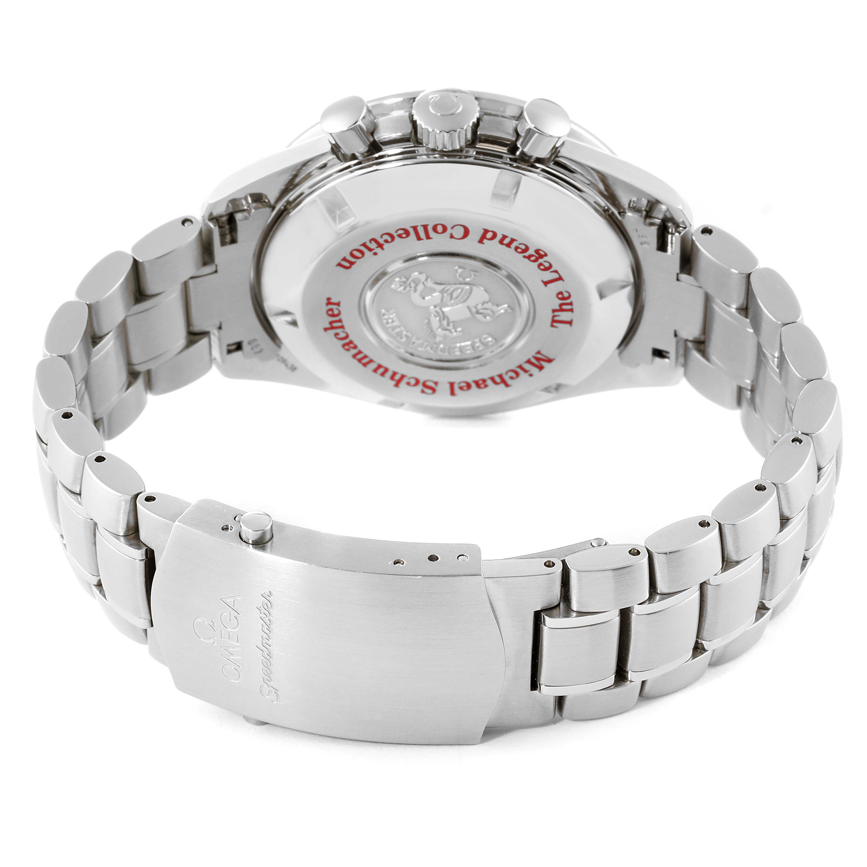 This image shows the back view of an Omega Speedmaster 3507.51.00 Men's Stainless Steel Black Dial 3507.51.00 Men's Stainless Steel Black Dial watch, highlighting its case back, bracelet, and clasp.