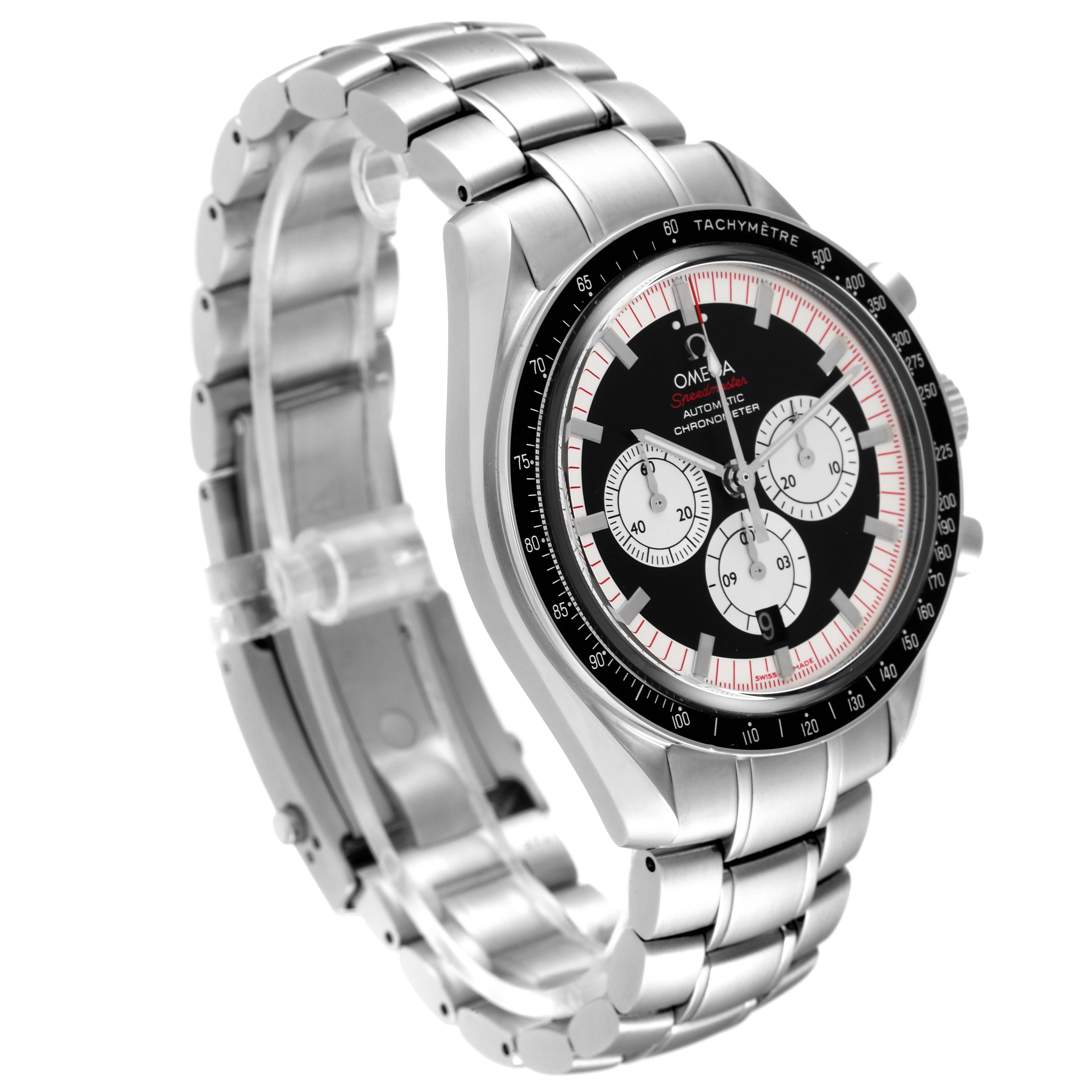 The image shows a side view of an Omega Speedmaster 3507.51.00 Men's Stainless Steel Black Dial 3507.51.00 Men's Stainless Steel Black Dial watch, highlighting its stainless steel bracelet and tachymeter bezel.