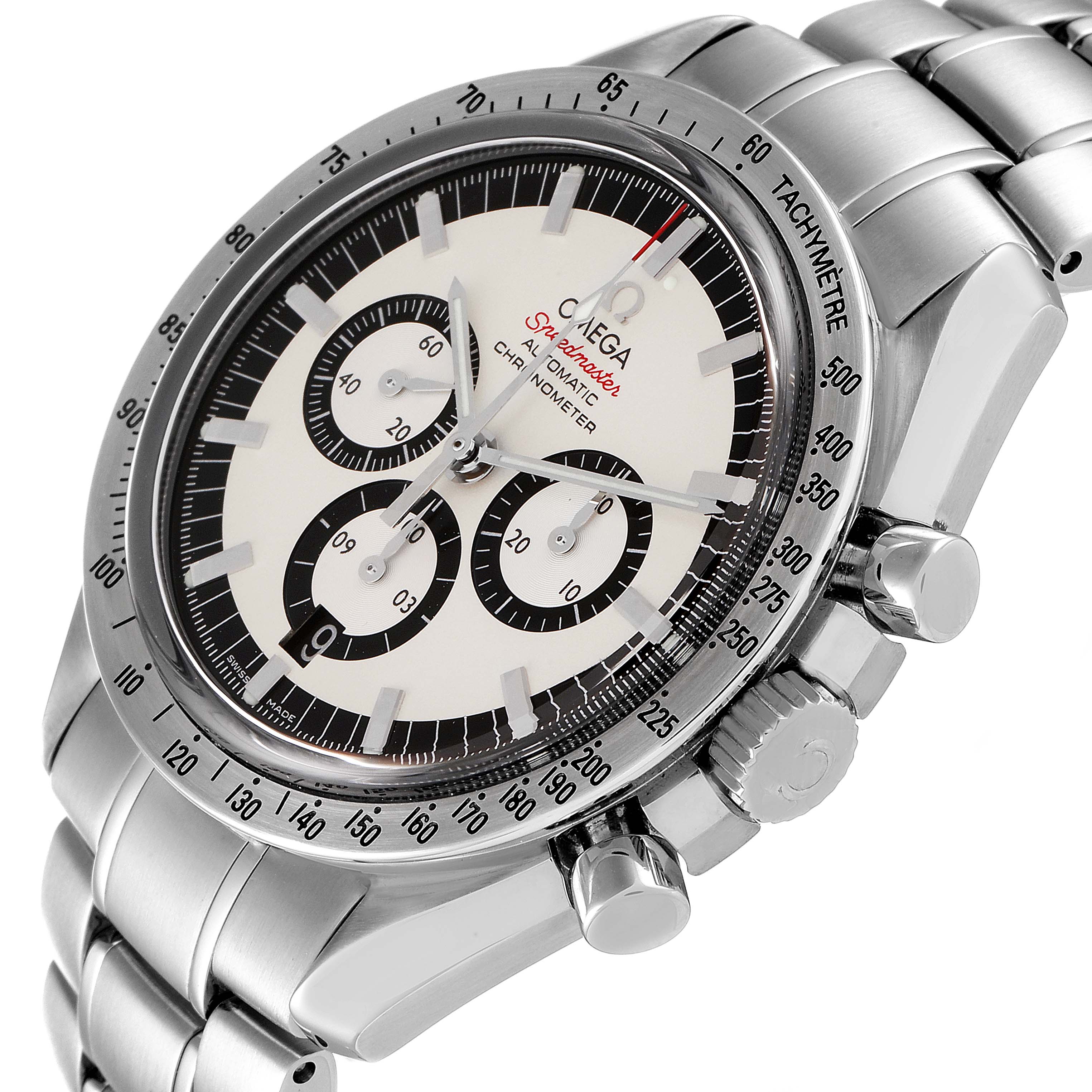 The image shows an Omega Speedmaster 3506.31.00 Men's Stainless Steel Silver Dial 3506.31.00 Men's Stainless Steel Silver Dial watch from a side angle, highlighting the bezel, chronograph dials, pushers, and bracelet.