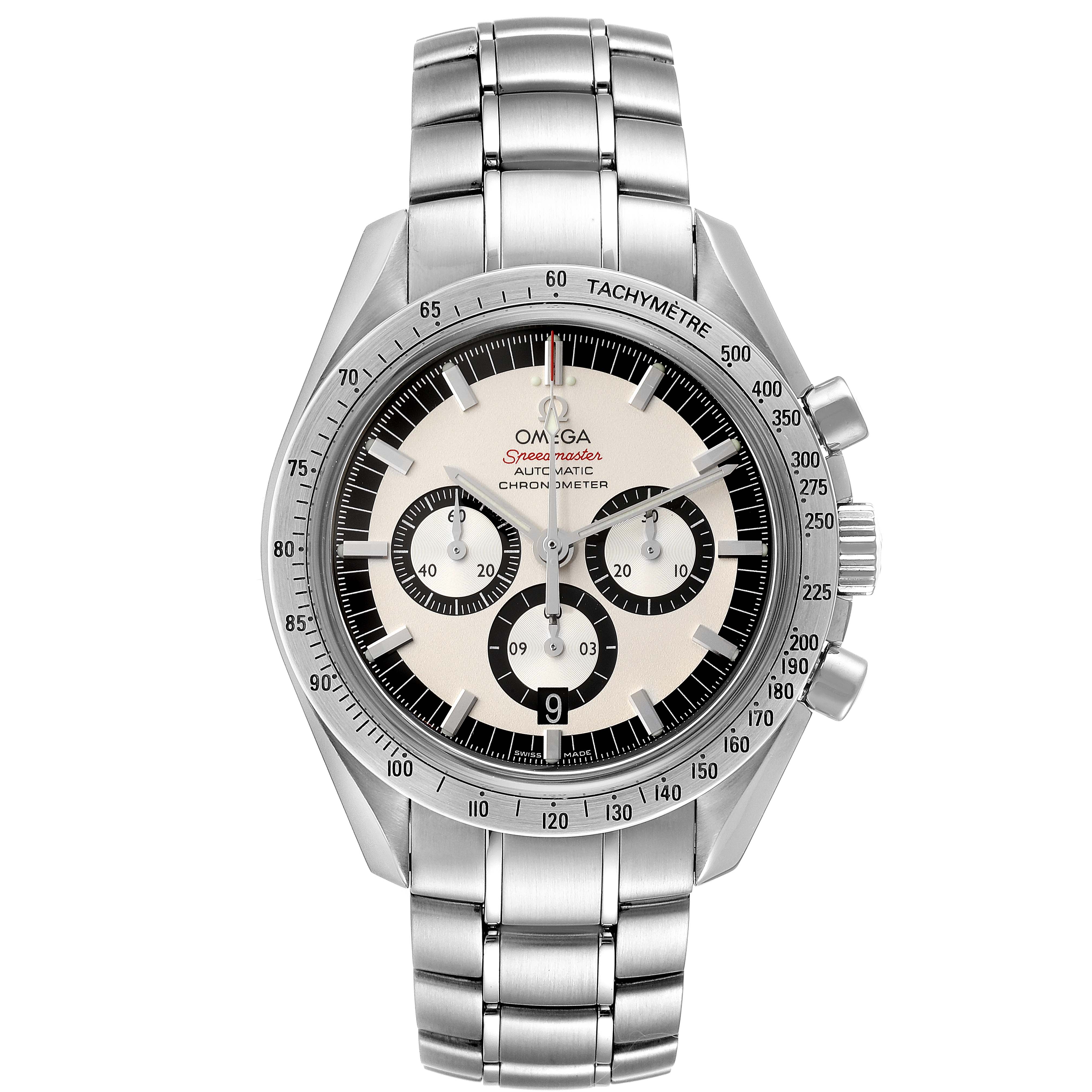 The image shows a front view of the Omega Speedmaster 3506.31.00 Men's Stainless Steel Silver Dial 3506.31.00 Men's Stainless Steel Silver Dial watch, highlighting its dial, subdials, bezel, and stainless steel bracelet.