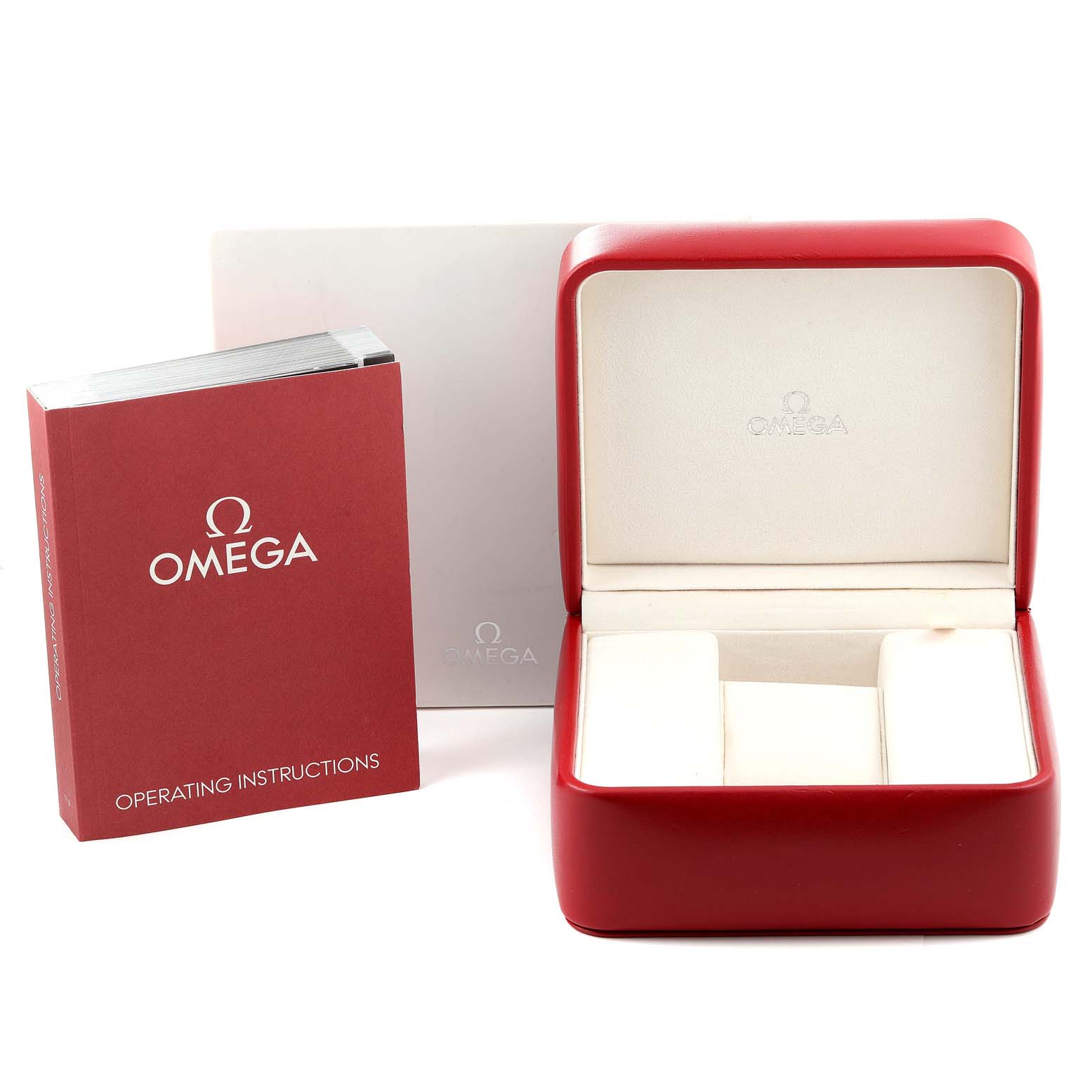 The image shows an Omega Speedmaster 3506.31.00 Men's Stainless Steel Silver Dial 3506.31.00 Men's Stainless Steel Silver Dial watch box, operating instructions, and outer packaging at a front angle.