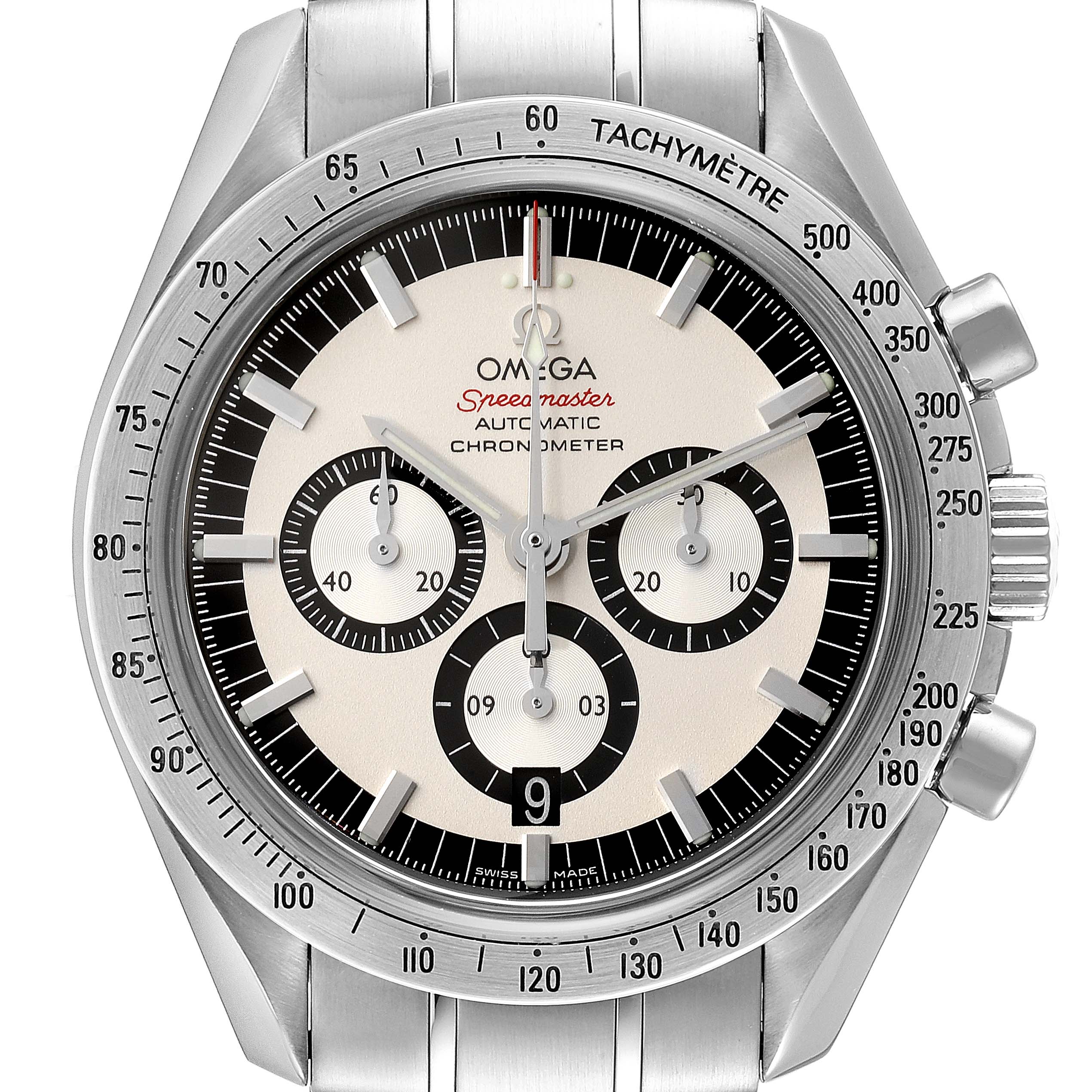 The image shows a front view of an Omega Speedmaster 3506.31.00 Men's Stainless Steel Silver Dial 3506.31.00 Men's Stainless Steel Silver Dial watch, highlighting the face, subdials, tachymeter bezel, and side pushers.