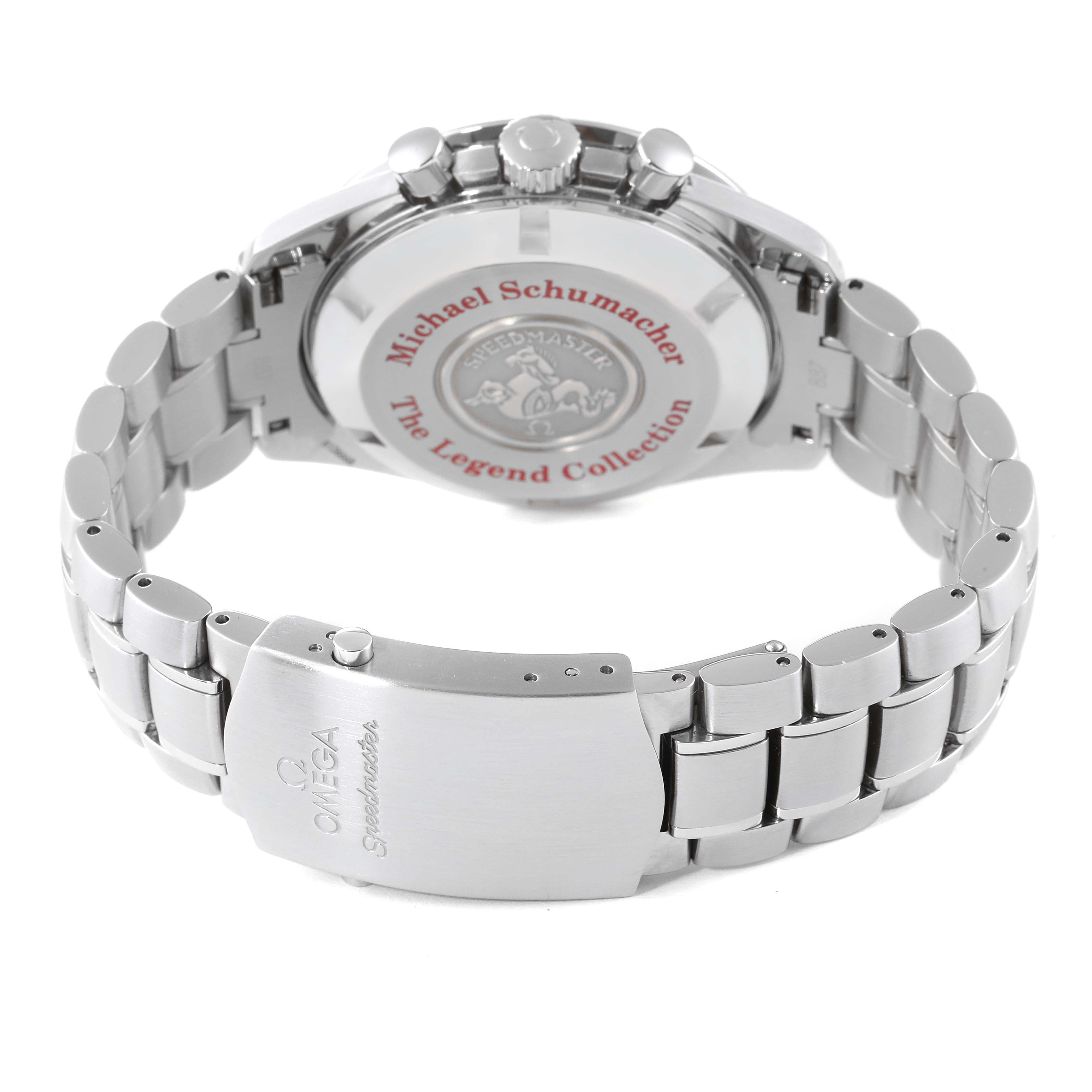 This image shows the back case and bracelet clasp of the Omega Speedmaster 3506.31.00 Men's Stainless Steel Silver Dial 3506.31.00 Men's Stainless Steel Silver Dial watch from the Michael Schumacher Legend Collection.