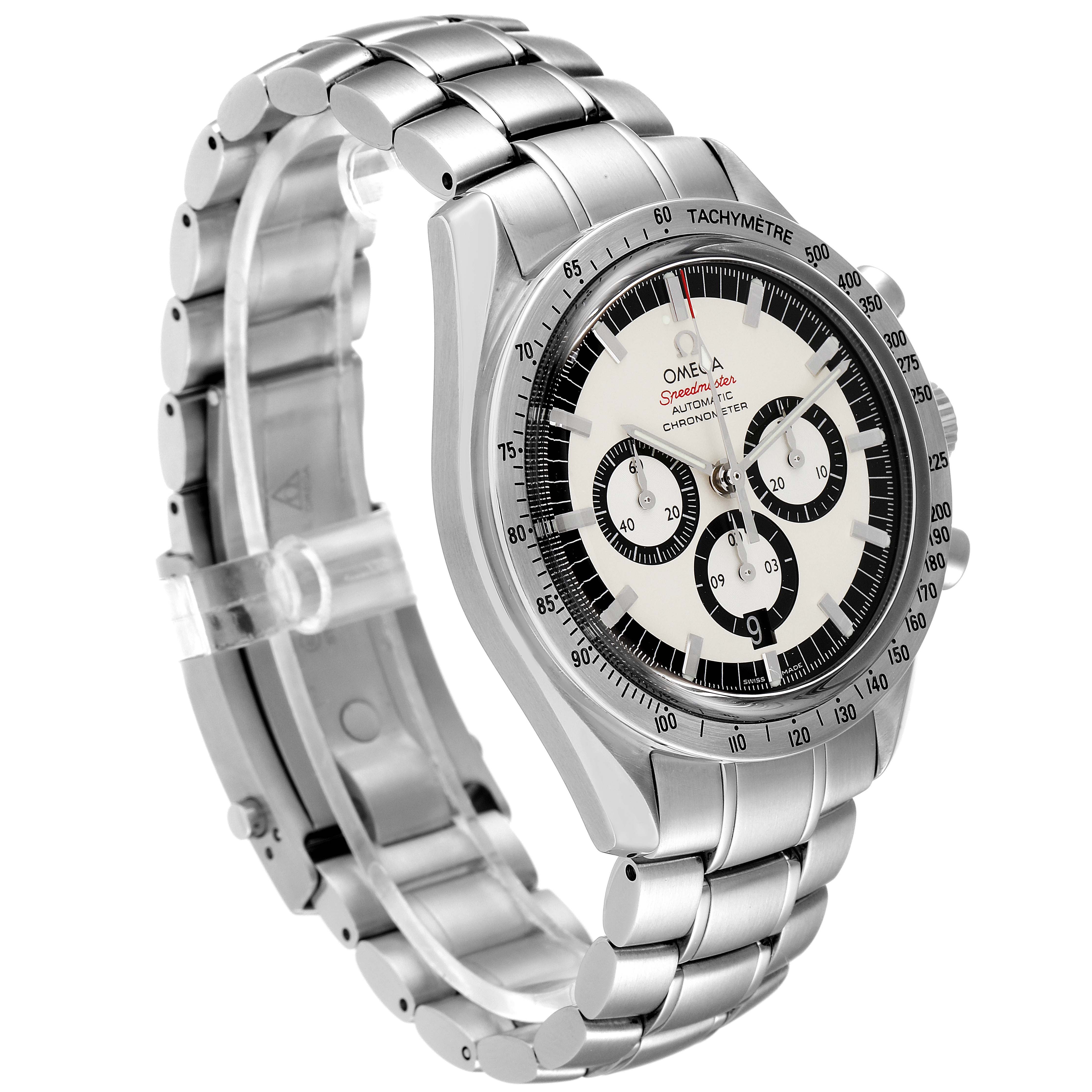 The image shows the Omega Speedmaster 3506.31.00 Men's Stainless Steel Silver Dial 3506.31.00 Men's Stainless Steel Silver Dial watch at a three-quarter angle highlighting the dial, bezel, case, and metal bracelet.