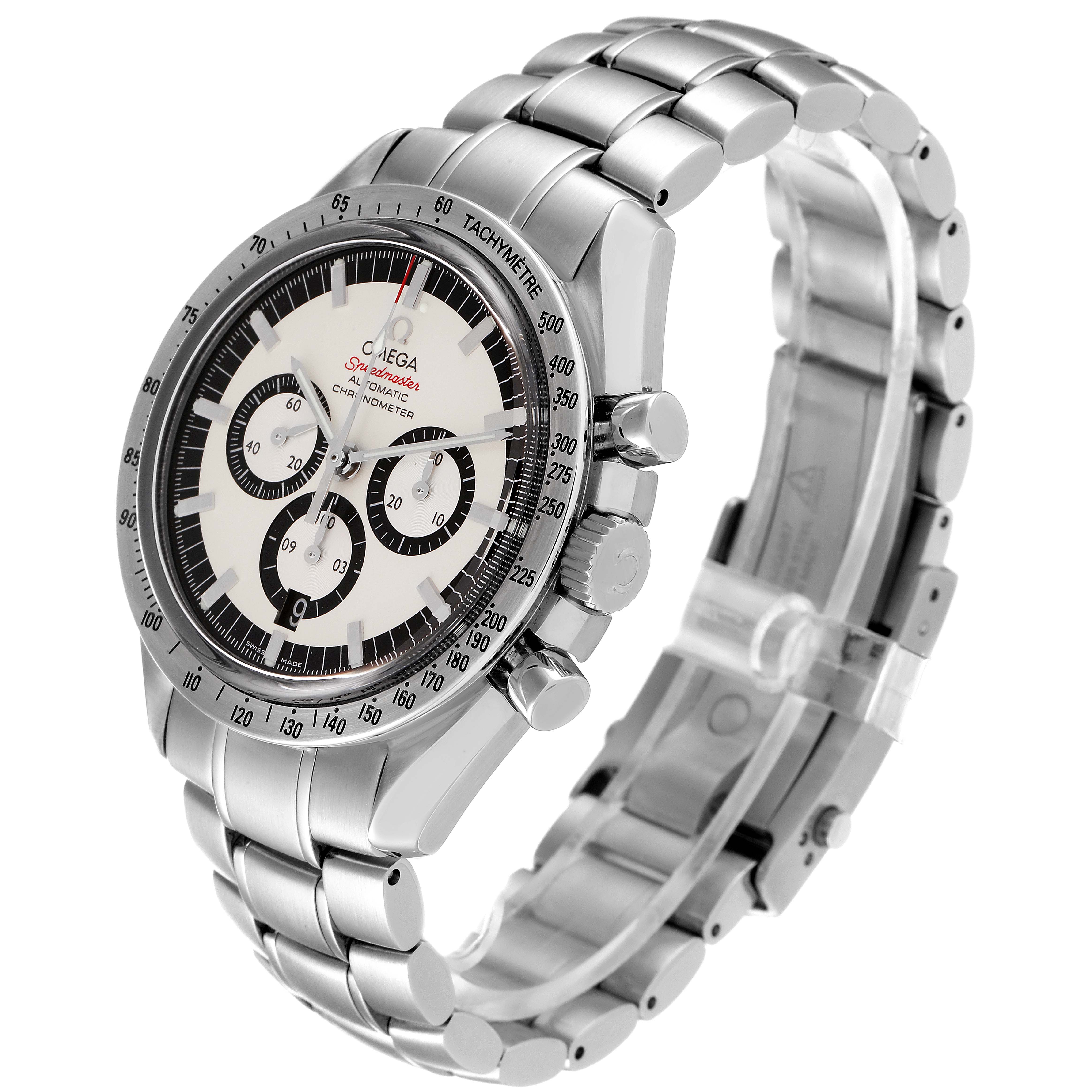 The image shows an Omega Speedmaster 3506.31.00 Men's Stainless Steel Silver Dial 3506.31.00 Men's Stainless Steel Silver Dial watch from a right-side angle featuring its dial, bezel, crown, pushers, and stainless steel bracelet.