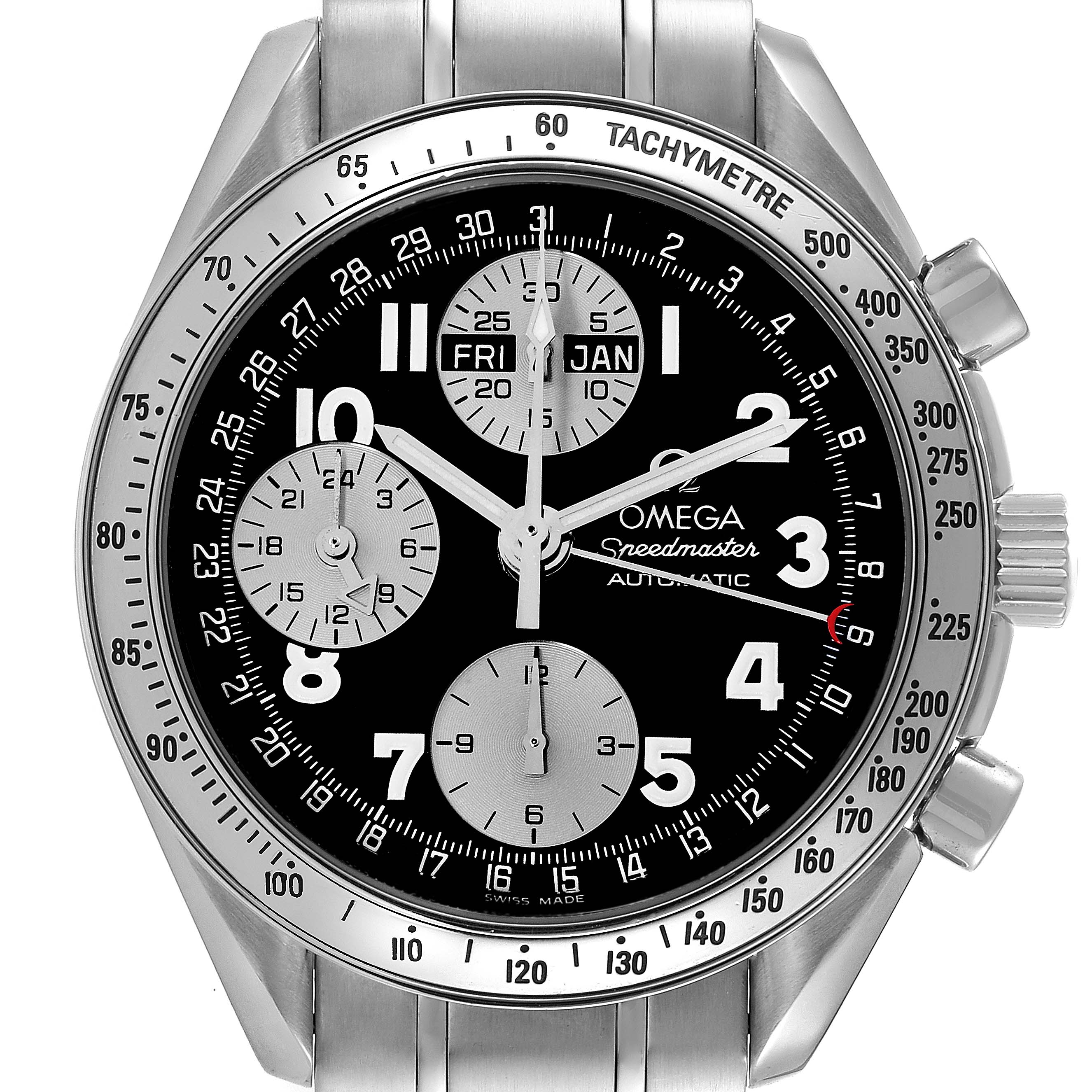 This Omega Speedmaster 3523.51.00 Men's Stainless Steel Black Dial 3523.51.00 Men's Stainless Steel Black Dial watch is shown from the front, displaying the dial, subdials, tachymeter bezel, and stainless steel bracelet.