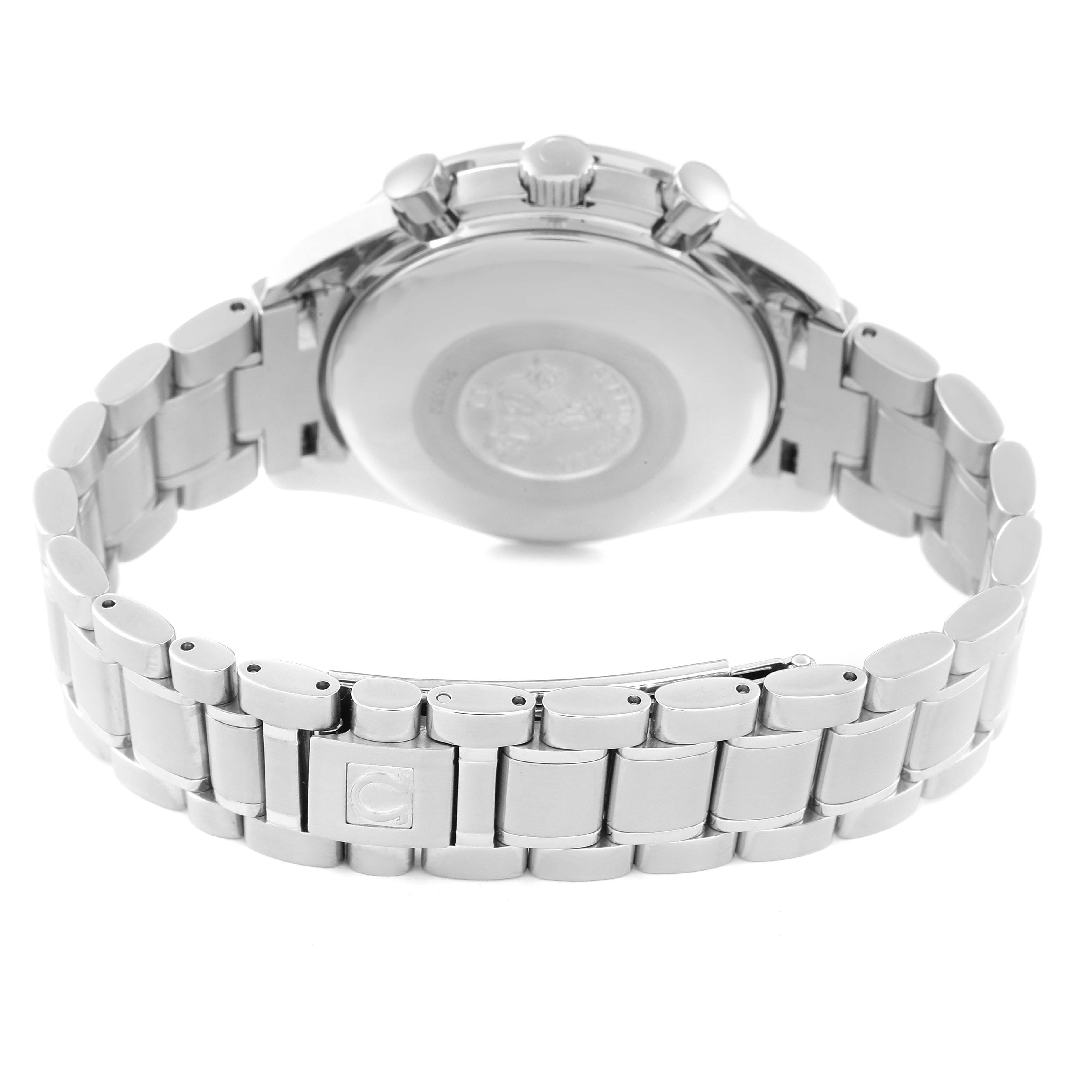 This image shows the back view of an Omega Speedmaster 3523.51.00 Men's Stainless Steel Black Dial 3523.51.00 Men's Stainless Steel Black Dial watch, focusing on the case back and metal bracelet.