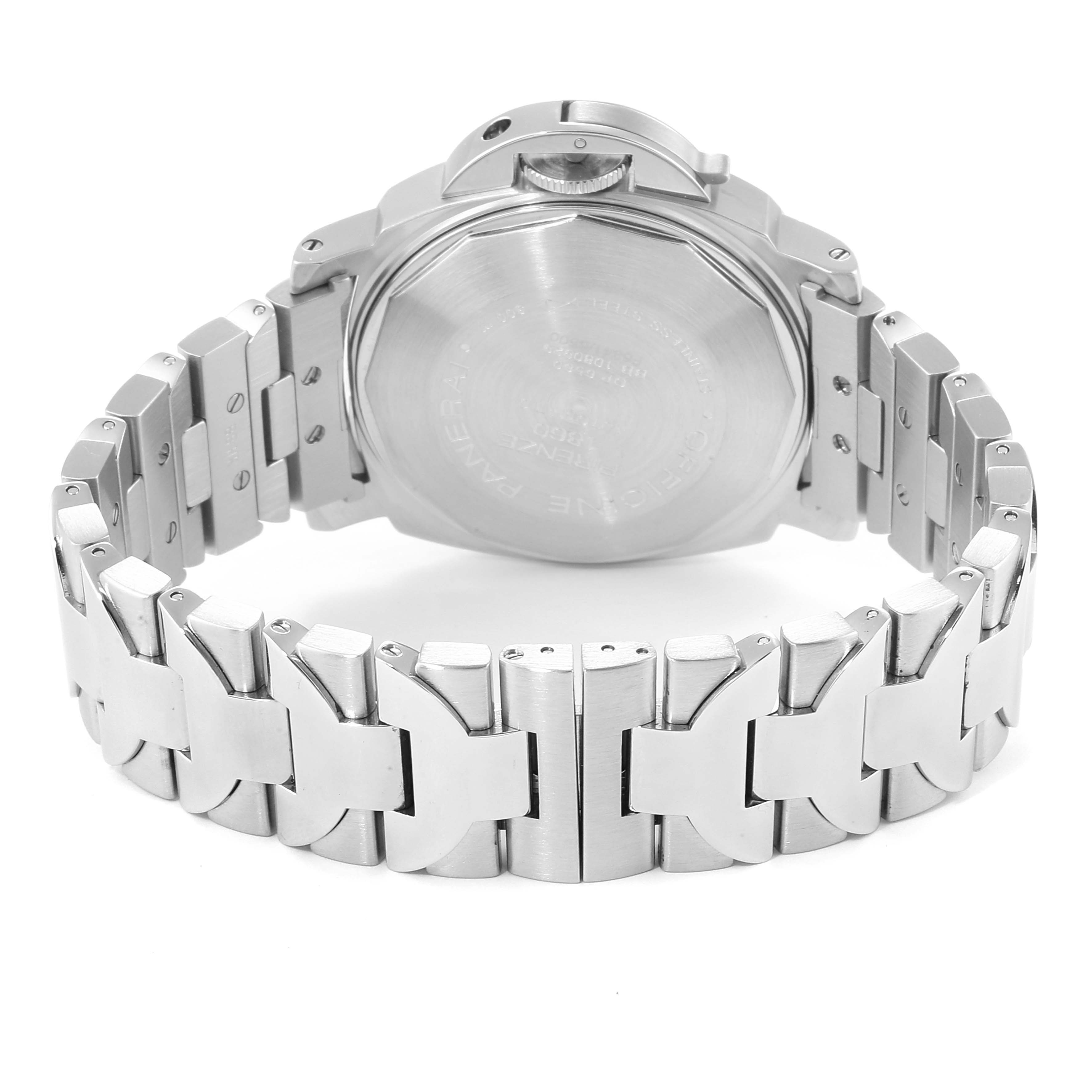 This image shows the back case and bracelet of the Panerai Luminor PAM00120 Men's Stainless Steel Blue Dial PAM00120 Men's Stainless Steel Blue Dial watch from a rear angle.