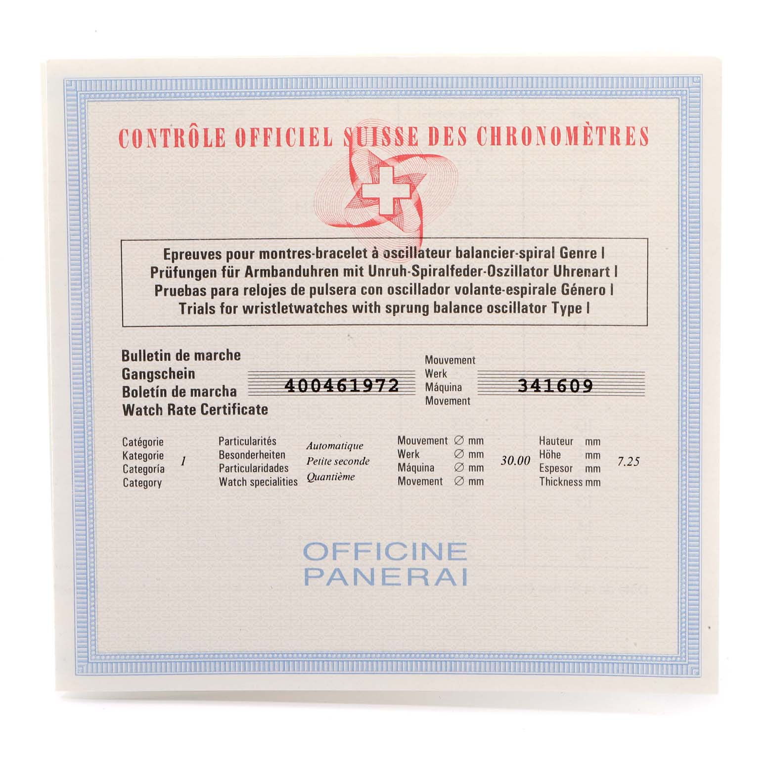 This image shows a Watch Rate Certificate for a Luminor model by Panerai with various details and specifications.