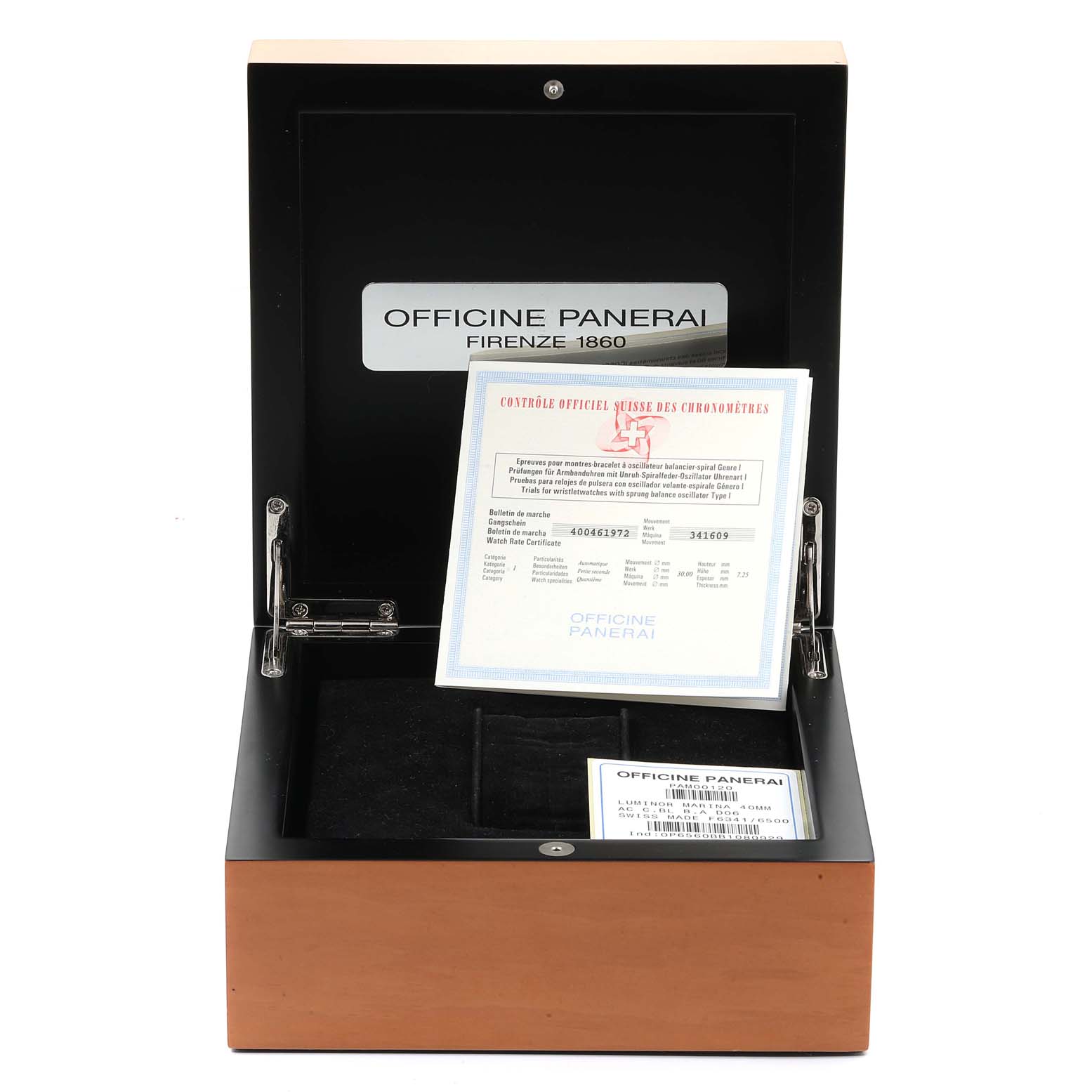 The image shows the open box and certificates for a Panerai Luminor PAM00120 Men's Stainless Steel Blue Dial PAM00120 Men's Stainless Steel Blue Dial watch, with the Panerai branding clearly visible inside the box.