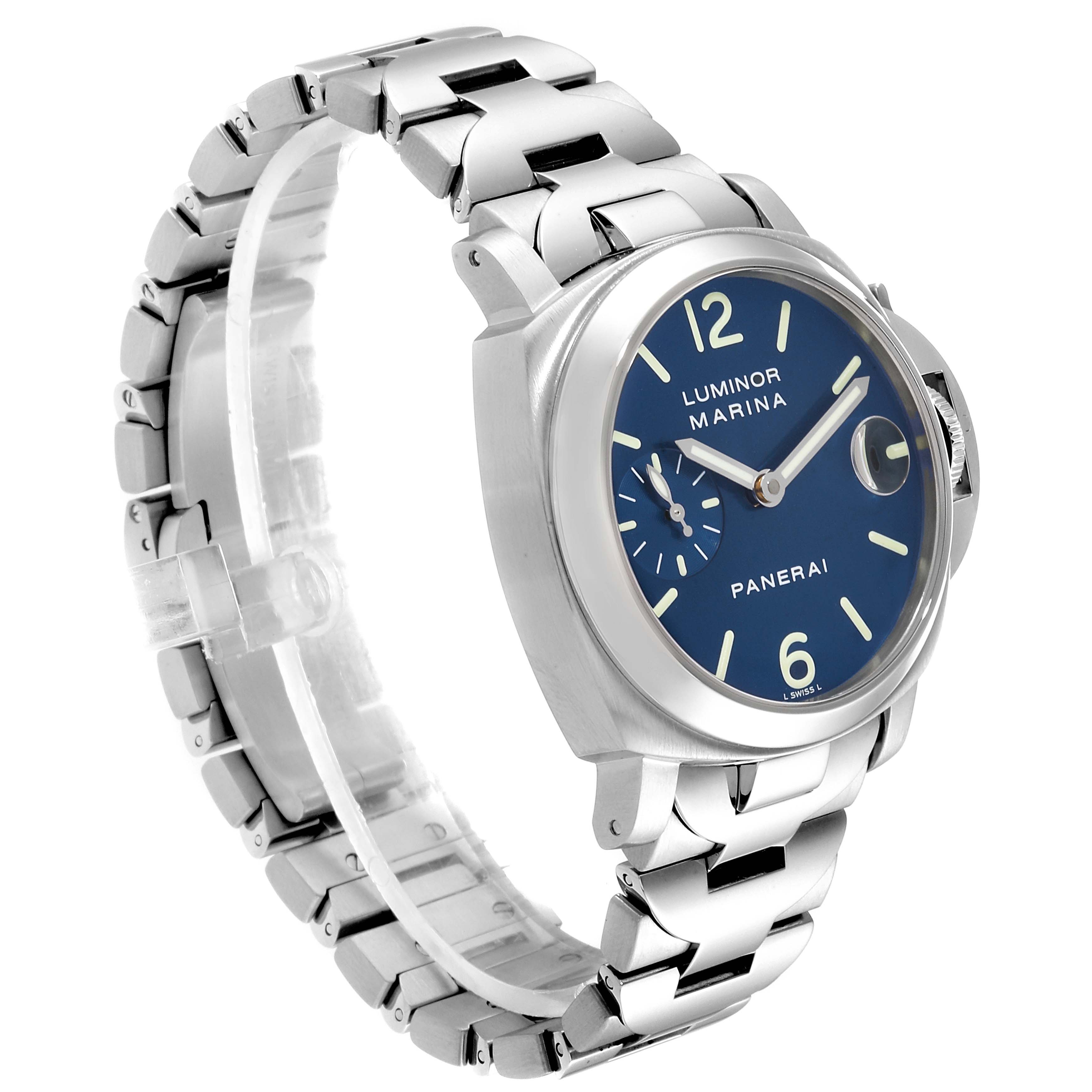 The image shows a Panerai Luminor PAM00120 Men's Stainless Steel Blue Dial PAM00120 Men's Stainless Steel Blue Dial watch from an angled front view, highlighting its face, bezel, and metal bracelet.