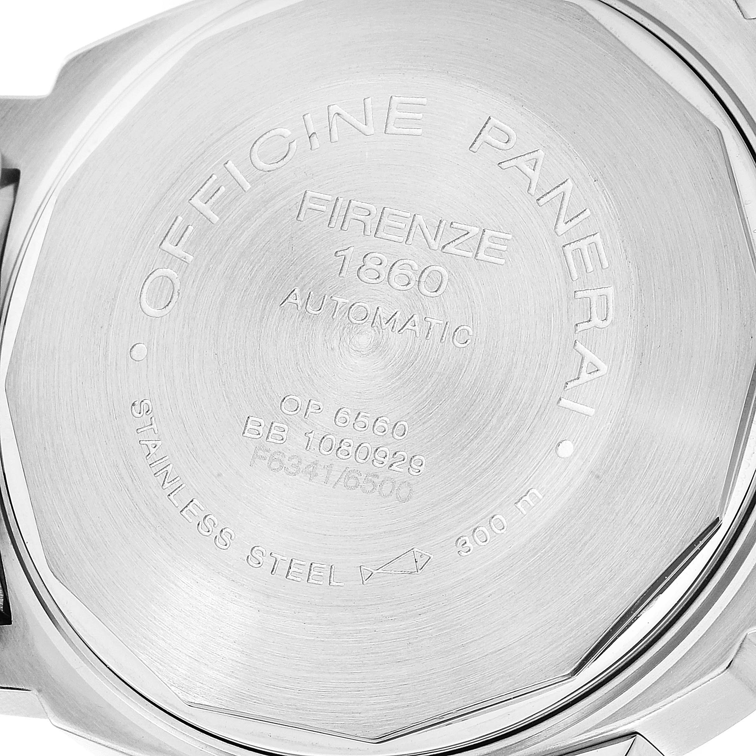 This image shows the stainless steel back case of a Panerai Luminor PAM00120 Men's Stainless Steel Blue Dial PAM00120 Men's Stainless Steel Blue Dial watch, featuring engraved details and specifications.