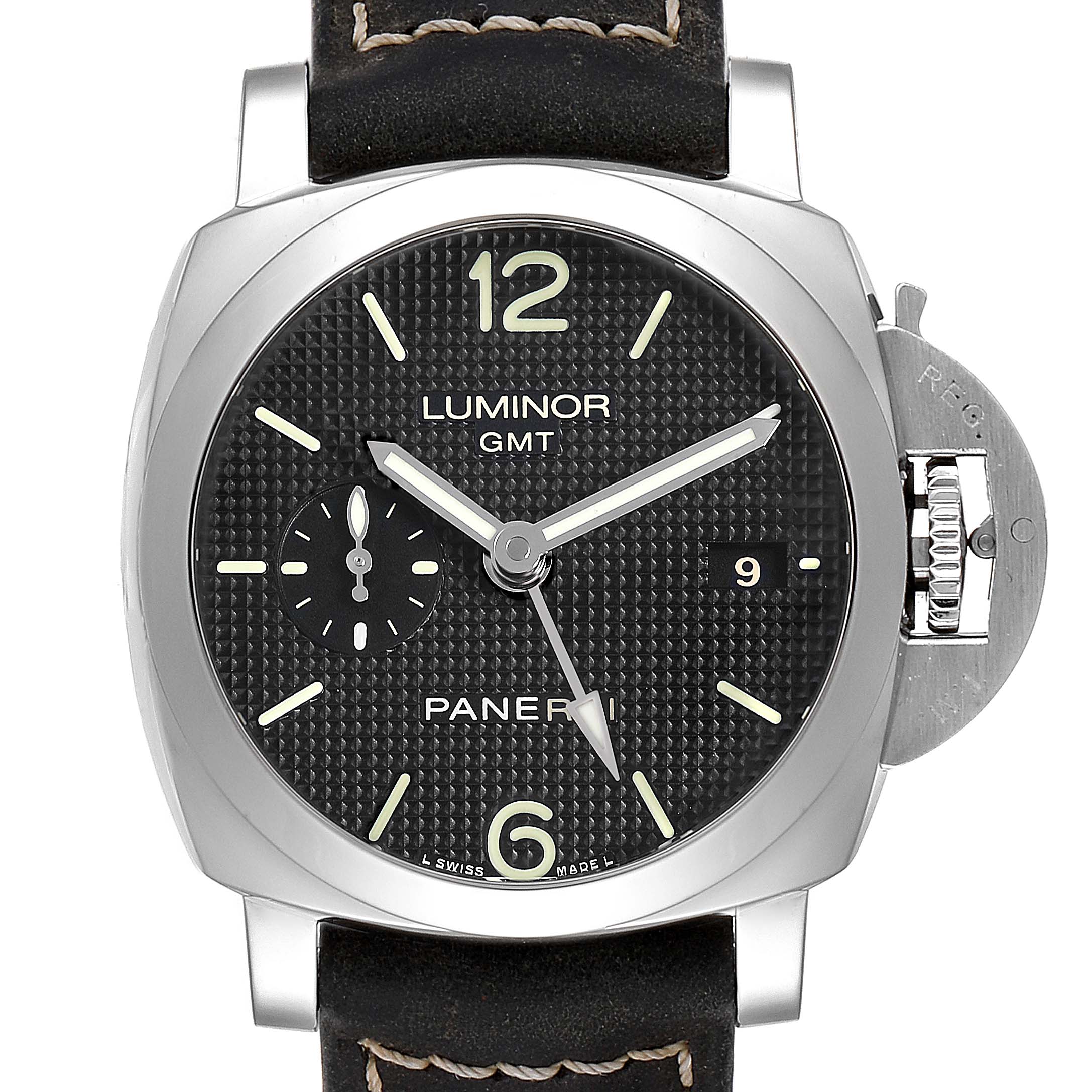 This is a close-up front view of a Panerai Luminor PAM00535 Men
s Stainless Steel Black Dial PAM00535 Men
s Stainless Steel Black Dial GMT watch showing the dial, hands, crown guard, and part of the strap.