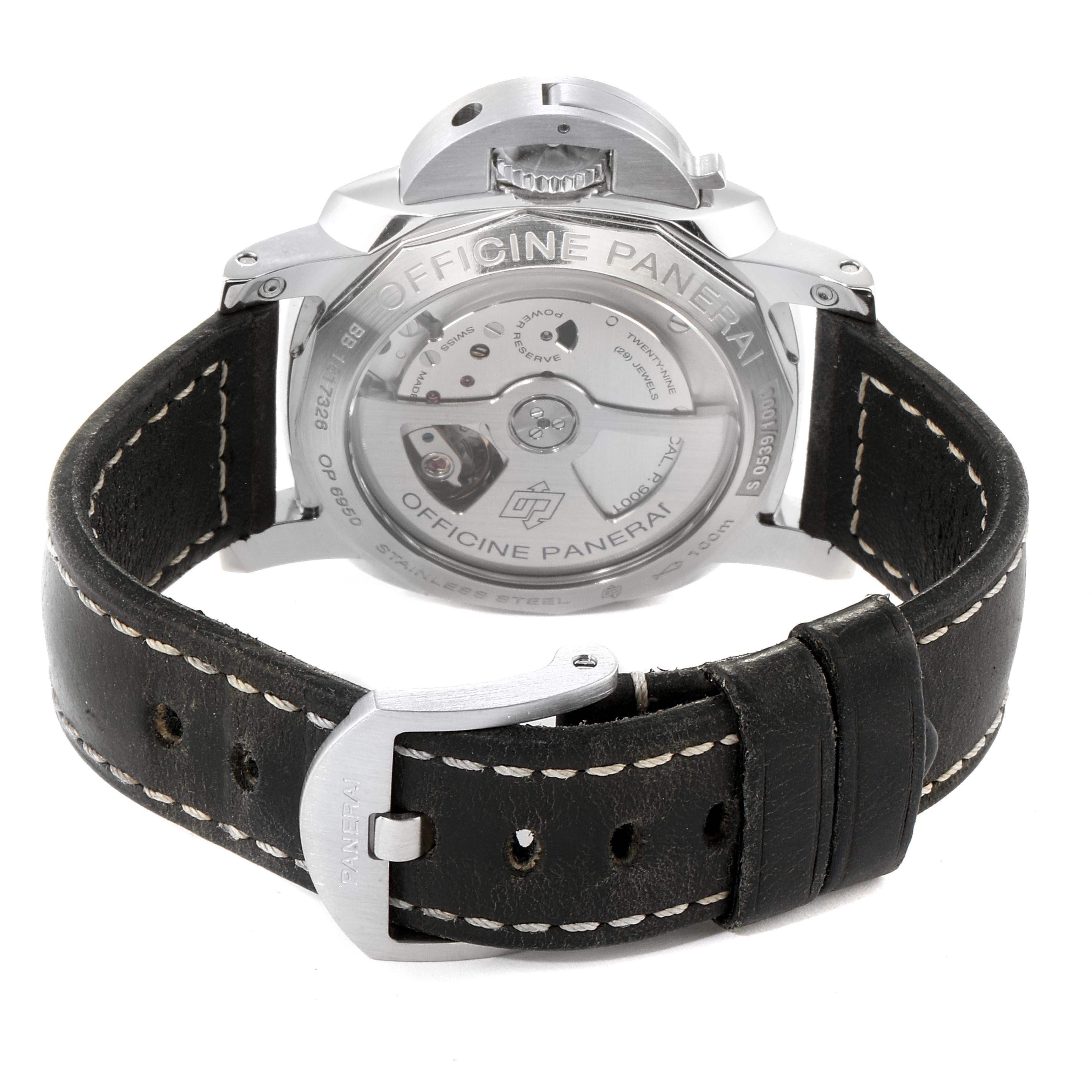 The image shows the back view of a Panerai Luminor PAM00535 Men
s Stainless Steel Black Dial PAM00535 Men
s Stainless Steel Black Dial watch, highlighting the case back, leather strap, and buckle.