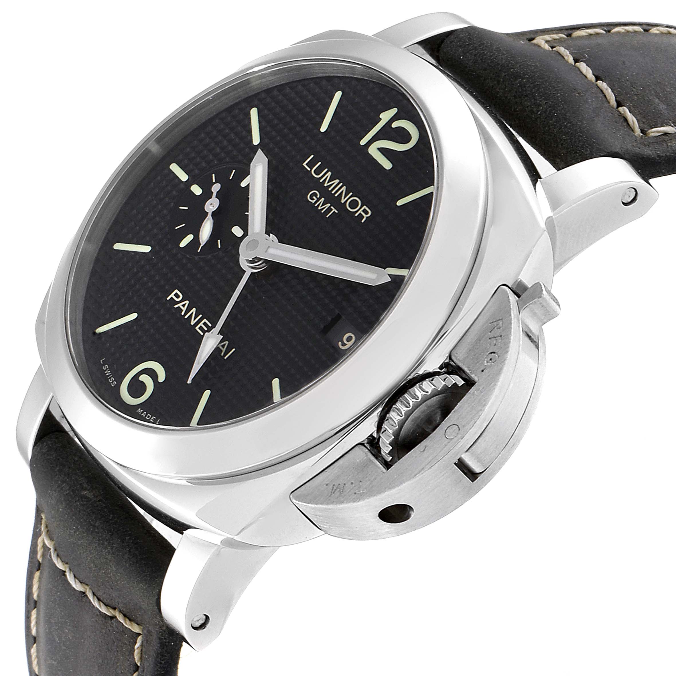 The image shows a close-up angled view of a Panerai Luminor PAM00535 Men
s Stainless Steel Black Dial PAM00535 Men
s Stainless Steel Black Dial GMT watch, highlighting the dial and crown guard.