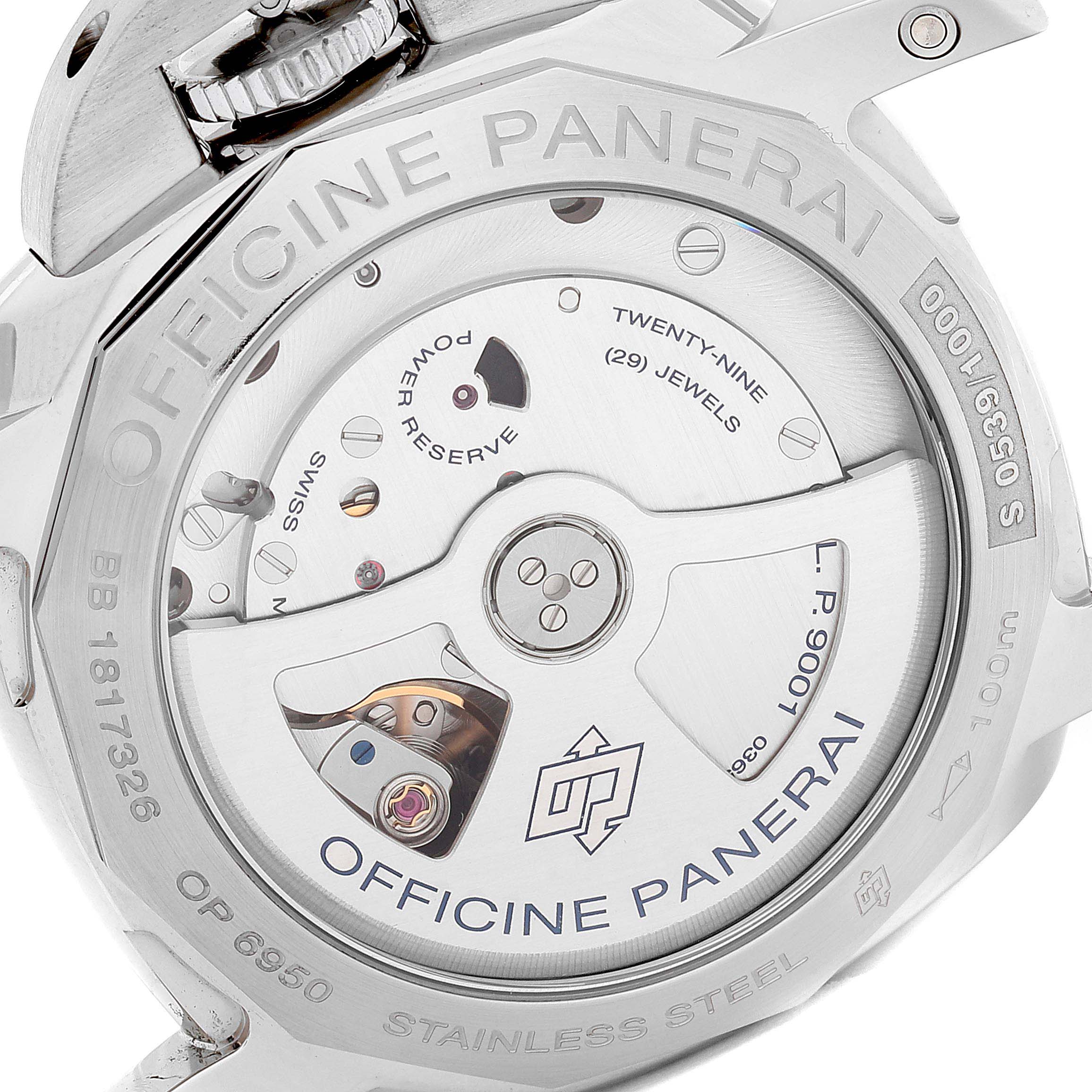 The image shows the intricate back of the Panerai Luminor PAM00535 Men
s Stainless Steel Black Dial PAM00535 Men
s Stainless Steel Black Dial watch, highlighting its movement mechanics and engravings.
